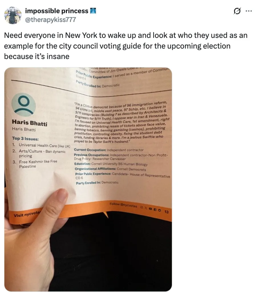 A social media post featuring a voting mailer for New York City Council candidate Haris Bhatti, whose platform statement includes being a 