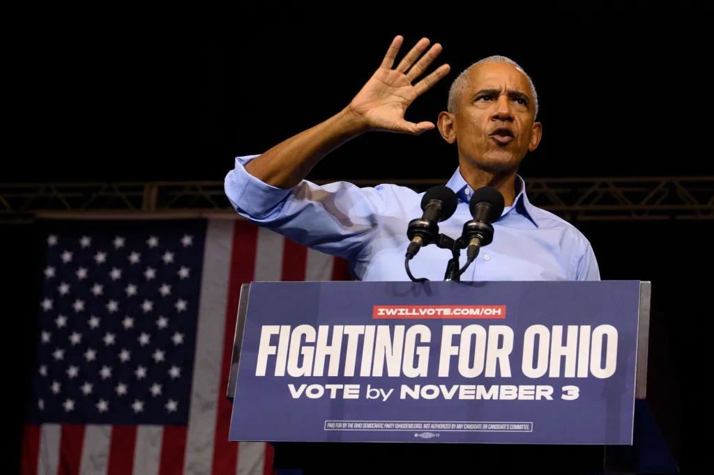 Former President Barack Obama campaigns with Ohio Democrats in Cleveland.