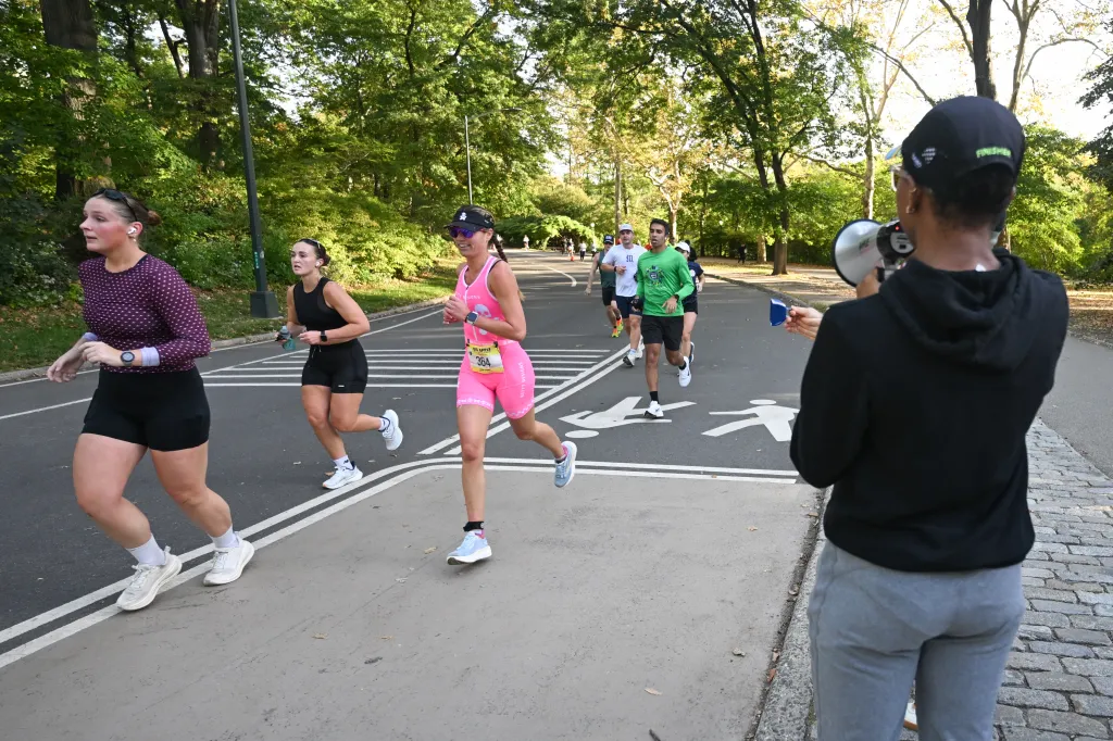 Runners near the Central Park finish line during the Big Apple Triathlon in New York.