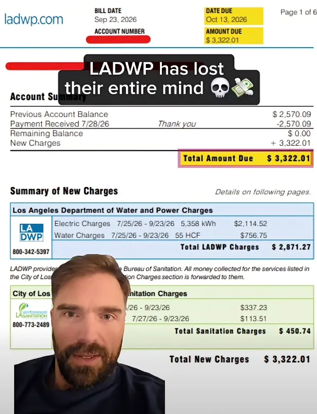 An upset man in front of an LADWP utility bill showing a total amount due of $3,322.01.