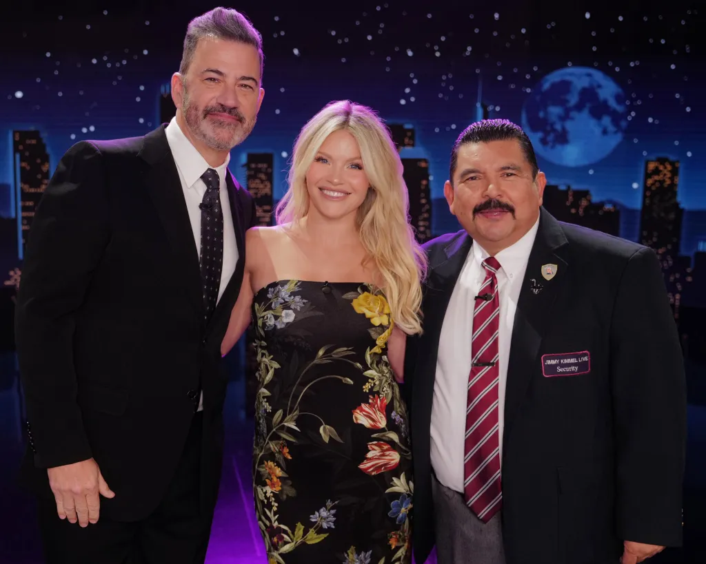 Jimmy Kimmel, Witney Carson, and Guillermo Rodriguez pose together on the set of Jimmy Kimmel Live!