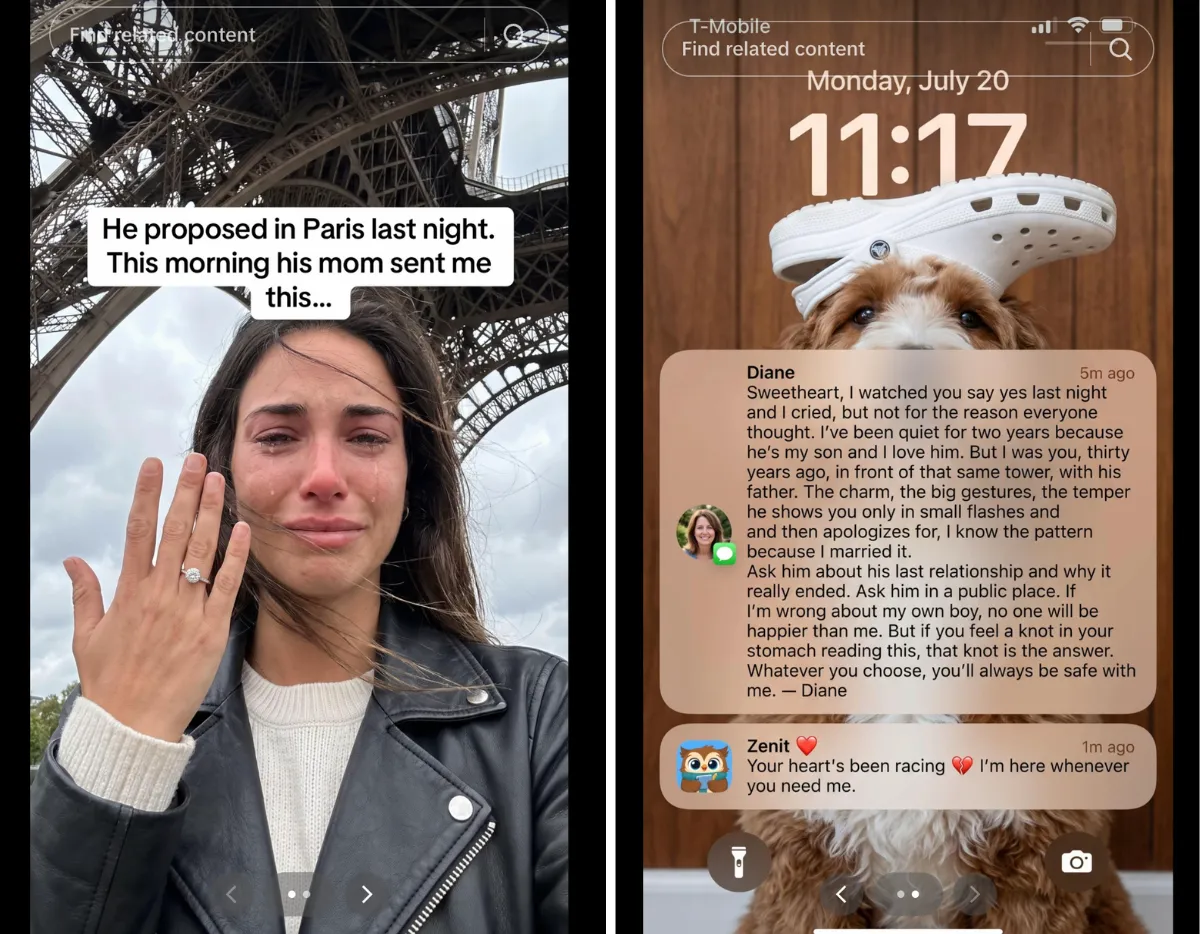 A screenshot from TikTok shows a sobbing woman with a promotion for a mental health app.