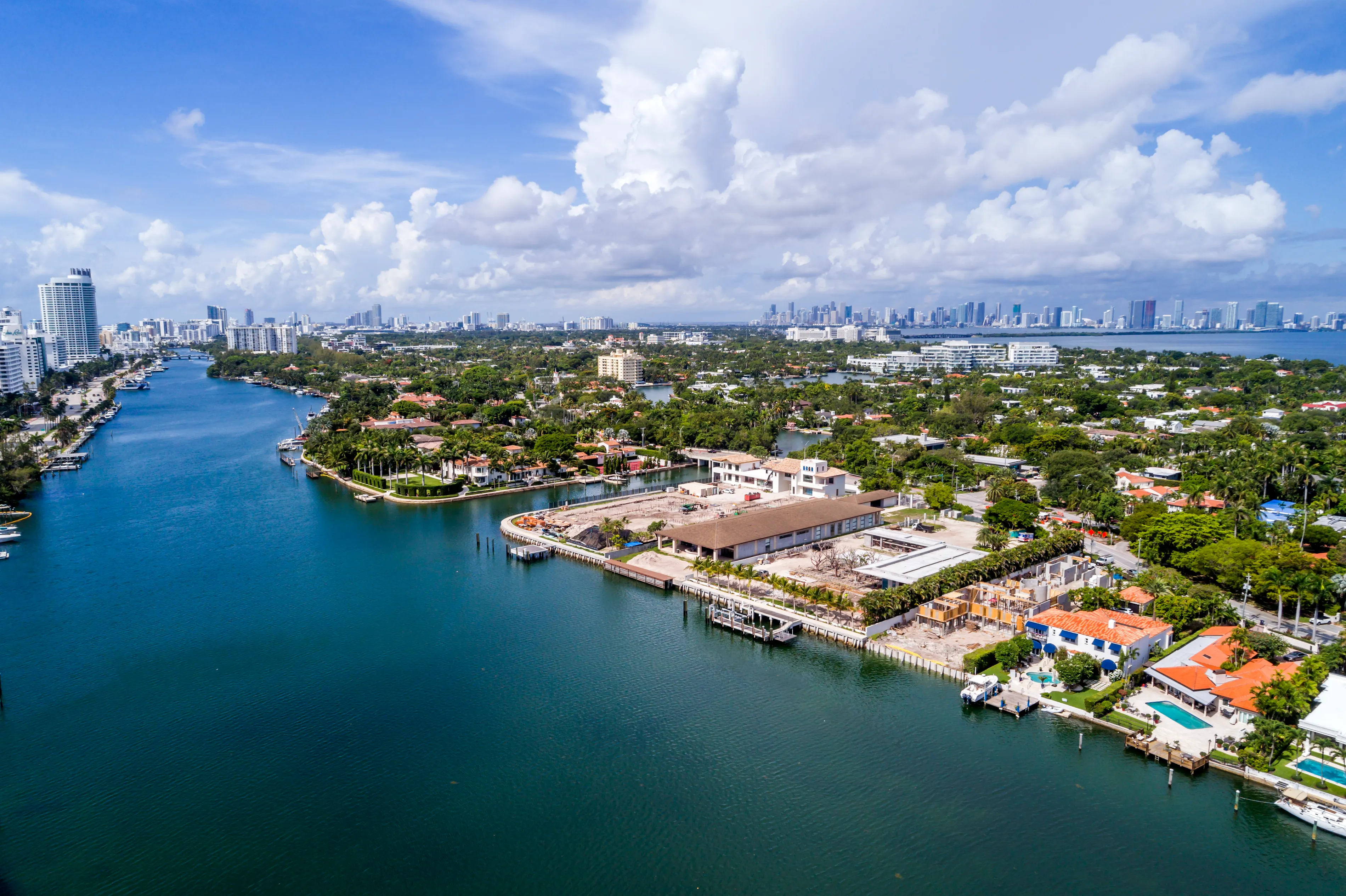 An aerial view of the 5200 block of Pine Tree Drive and canal in Miami Beach, Florida.