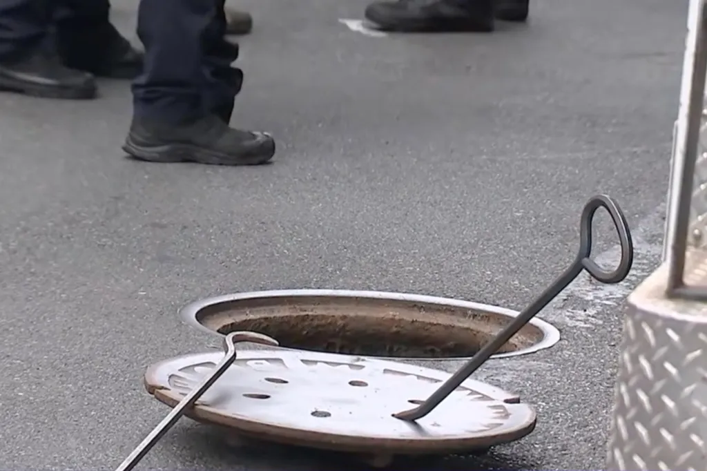 An open manhole on a street with a manhole hook resting on the cover, and the legs of people standing nearby.