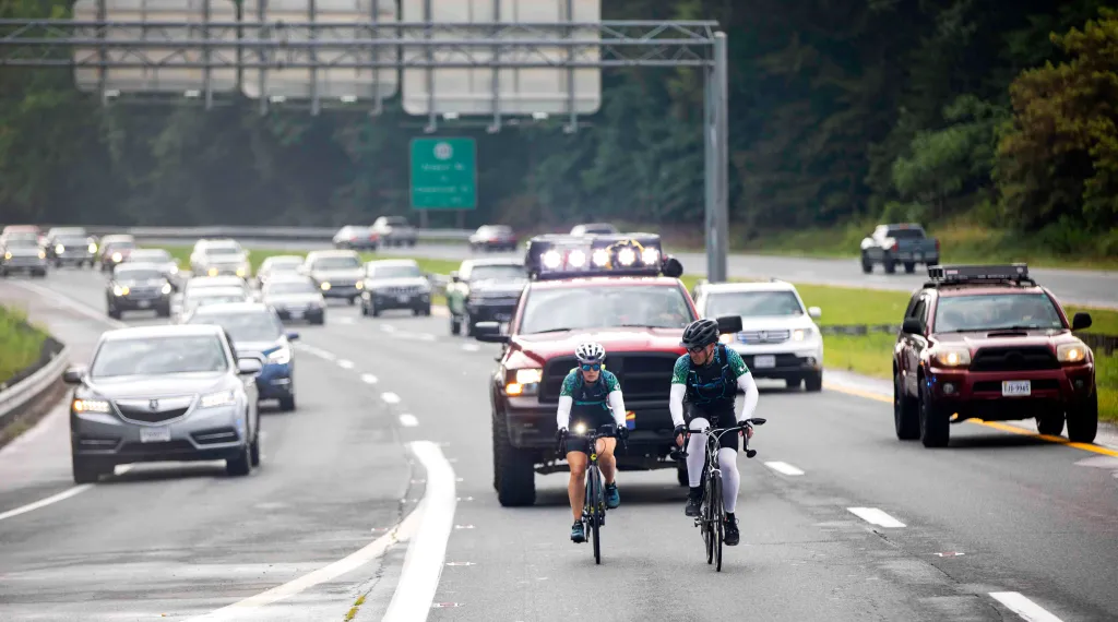 Shawn Cheshire rides on US-460 on her way to Sprout Springs, Virginia, during her ride across America on Sunday, July 11, 2021.
