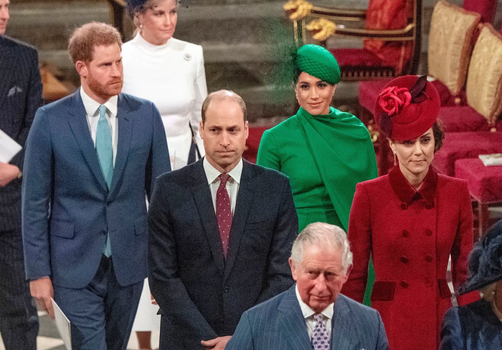 Prince Harry, Prince William, Meghan Markle, Kate Middleton, and the then-titled Prince Charles.