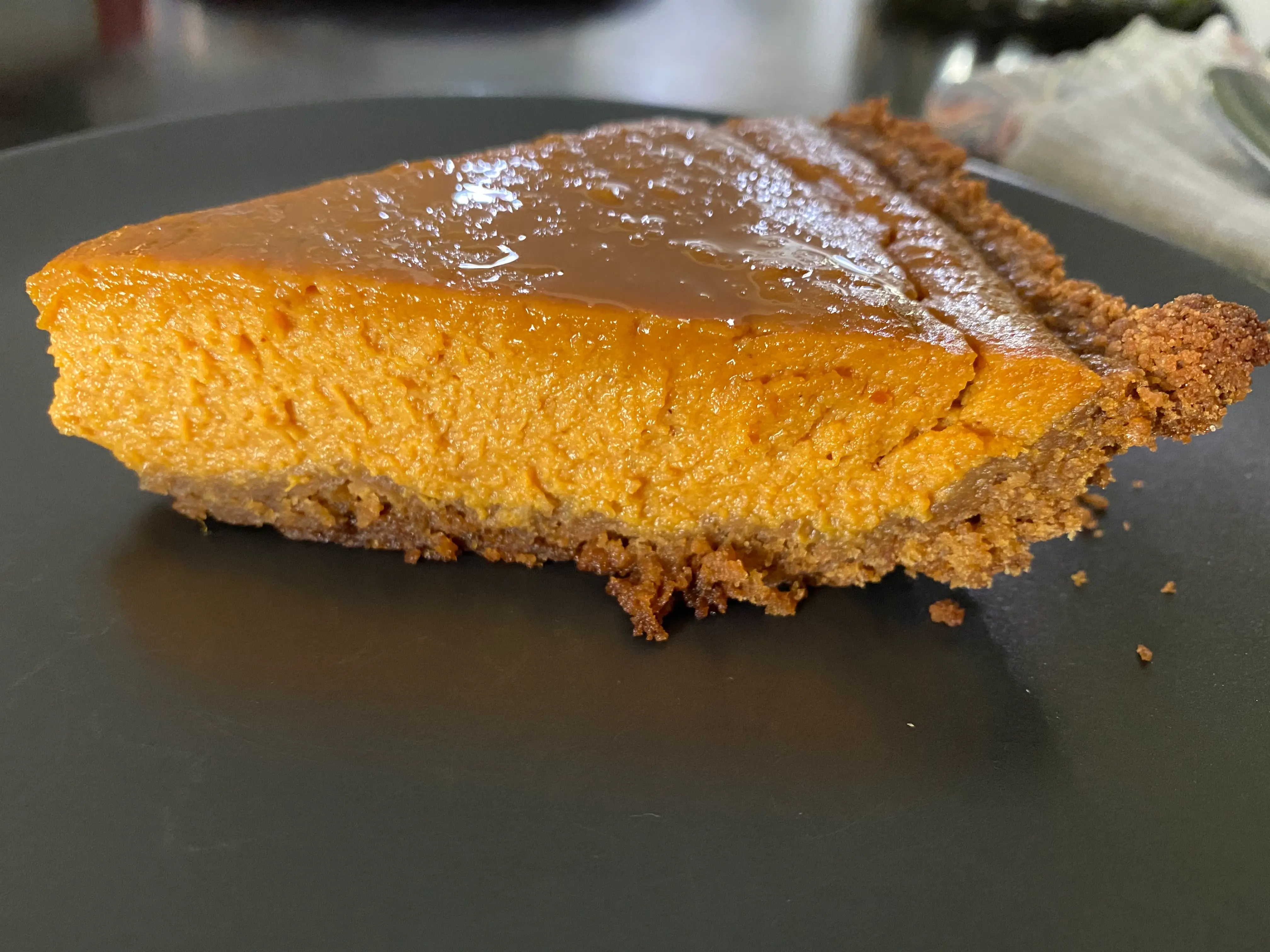 slice of pumpkin pie made with recipe from Alton Brown