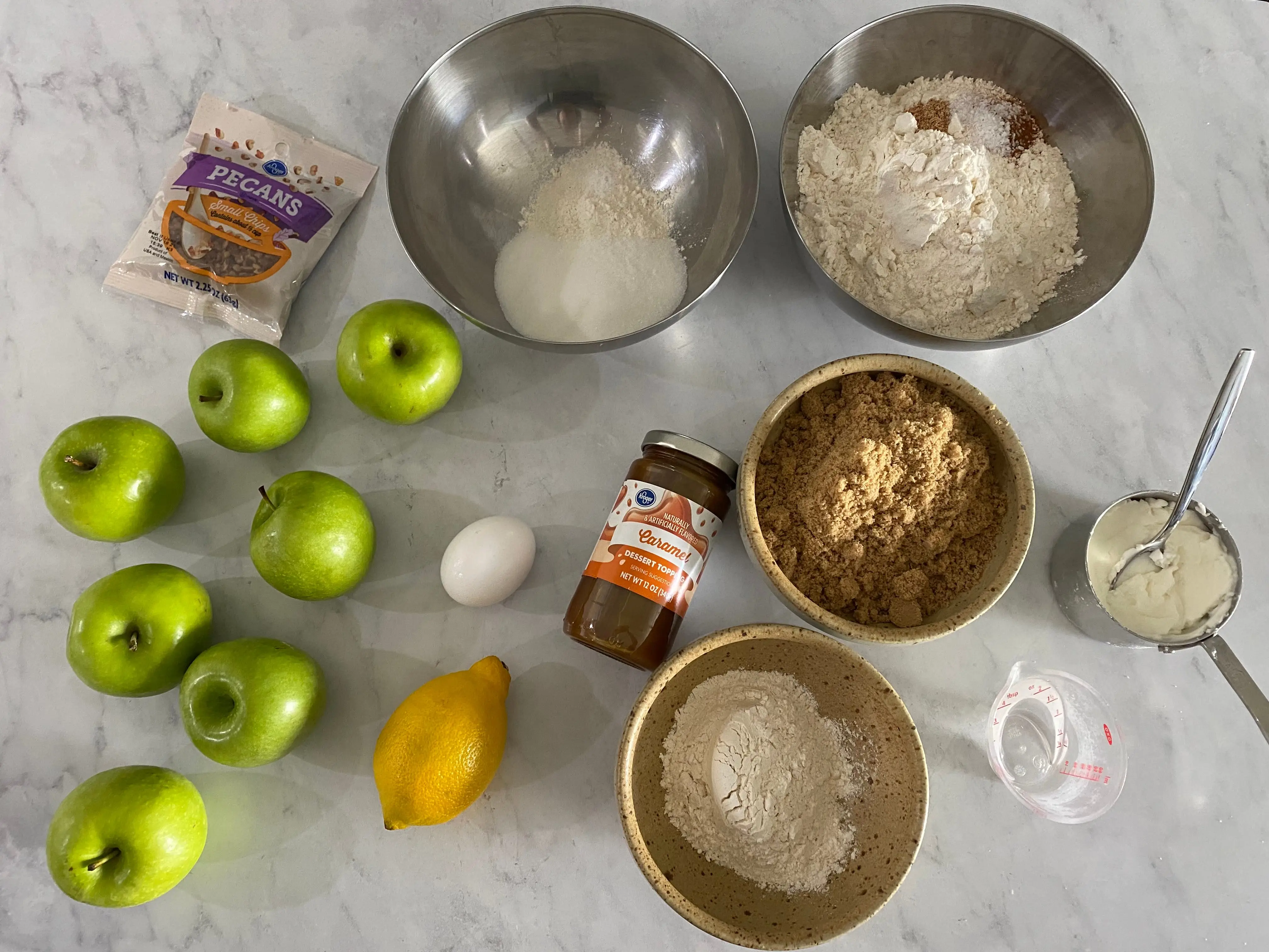 Green apples, flour, sugar, butter, shortening, and butter.