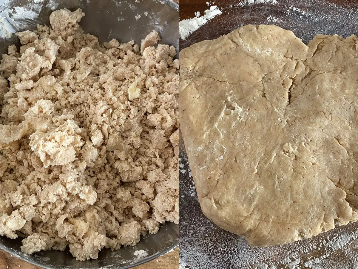 Side by side image of dough ingredients and flattened-out dough.