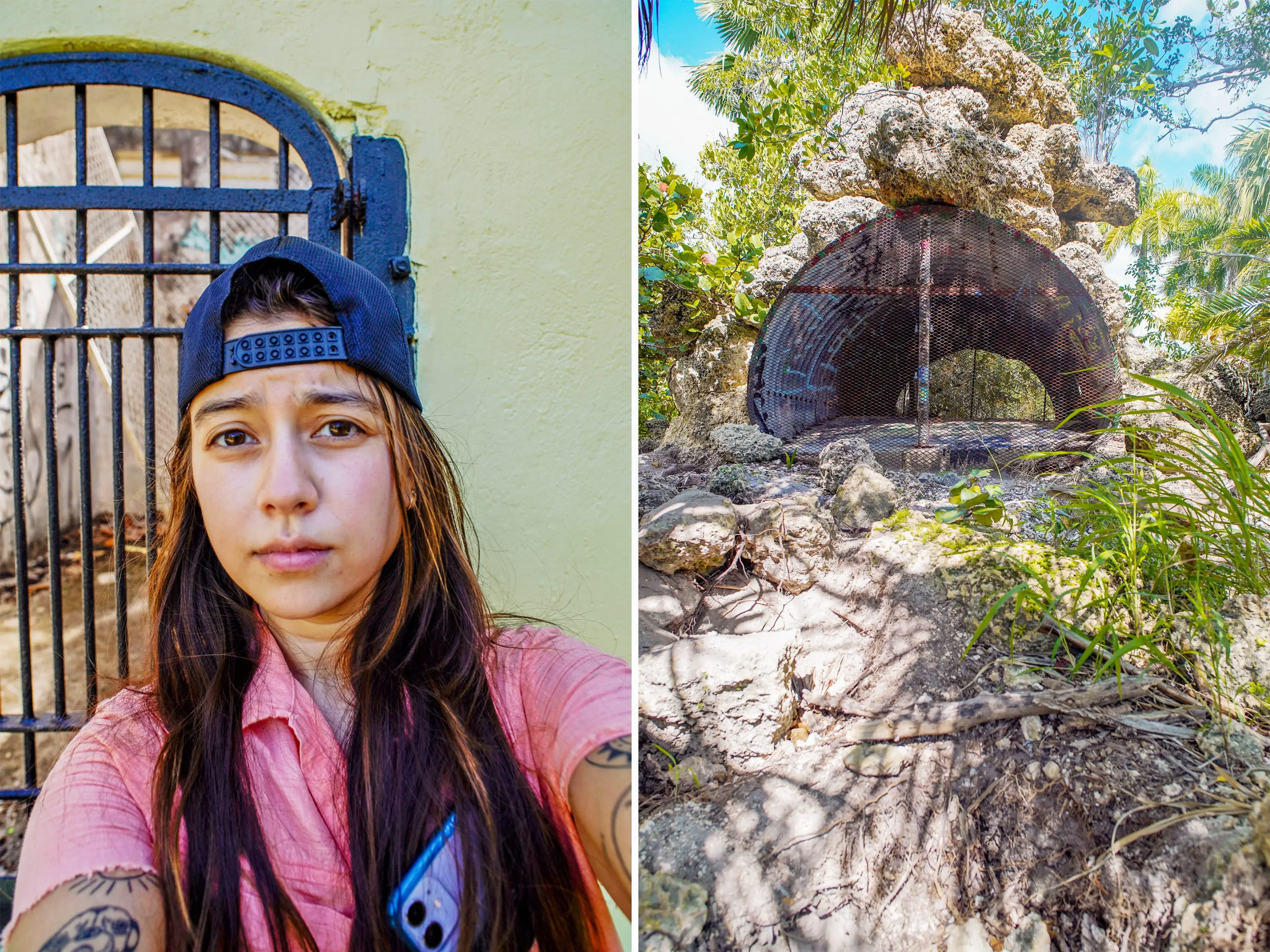 The author in front of an abandoned zoo enclosure (L) and another abandoned structure in the Crandon Park Zoo's ruins.