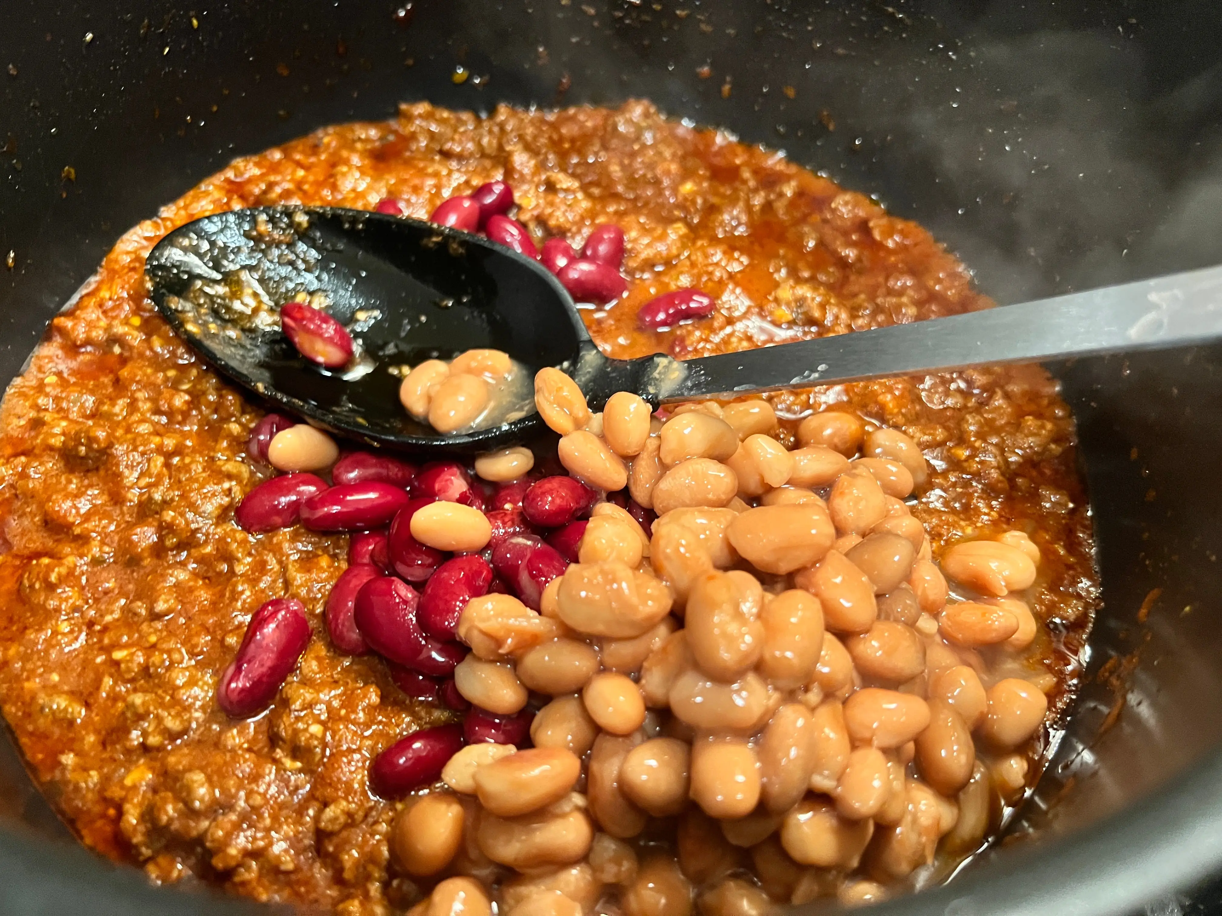 Beans and ground beef in pot
