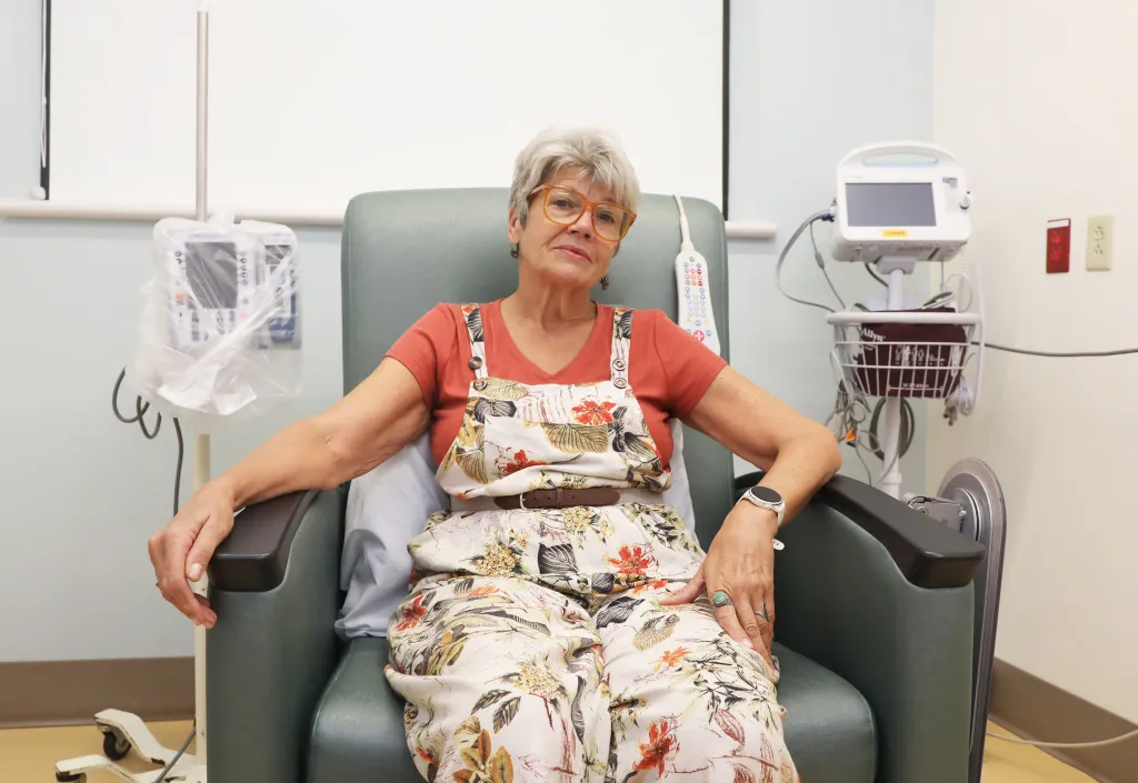 Patient Ellen Talmage, 66, receives ketamine sprays for depression at Mather Hospital in Port Jefferson, New York.