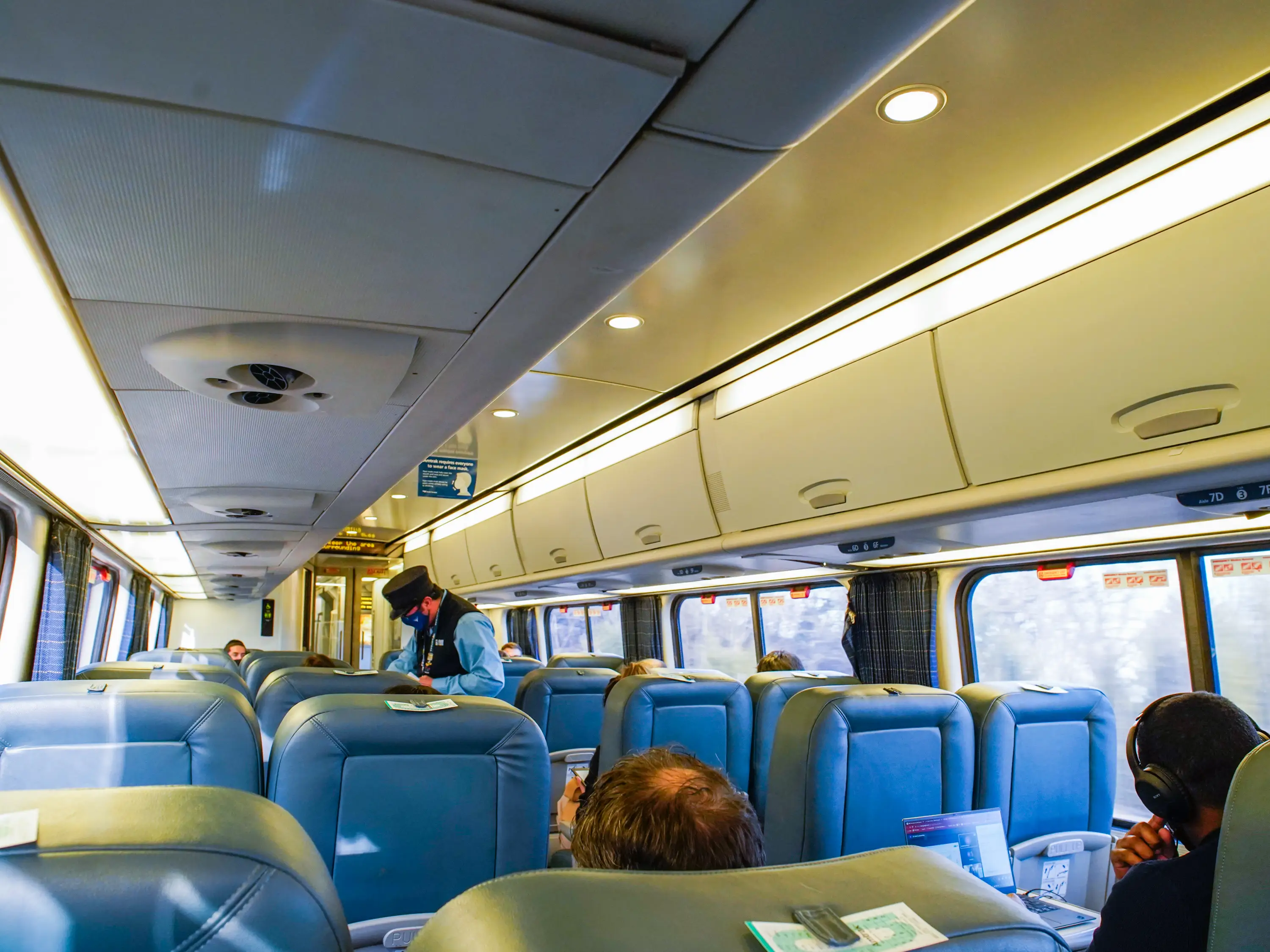 Inside a business class car on Amtrak