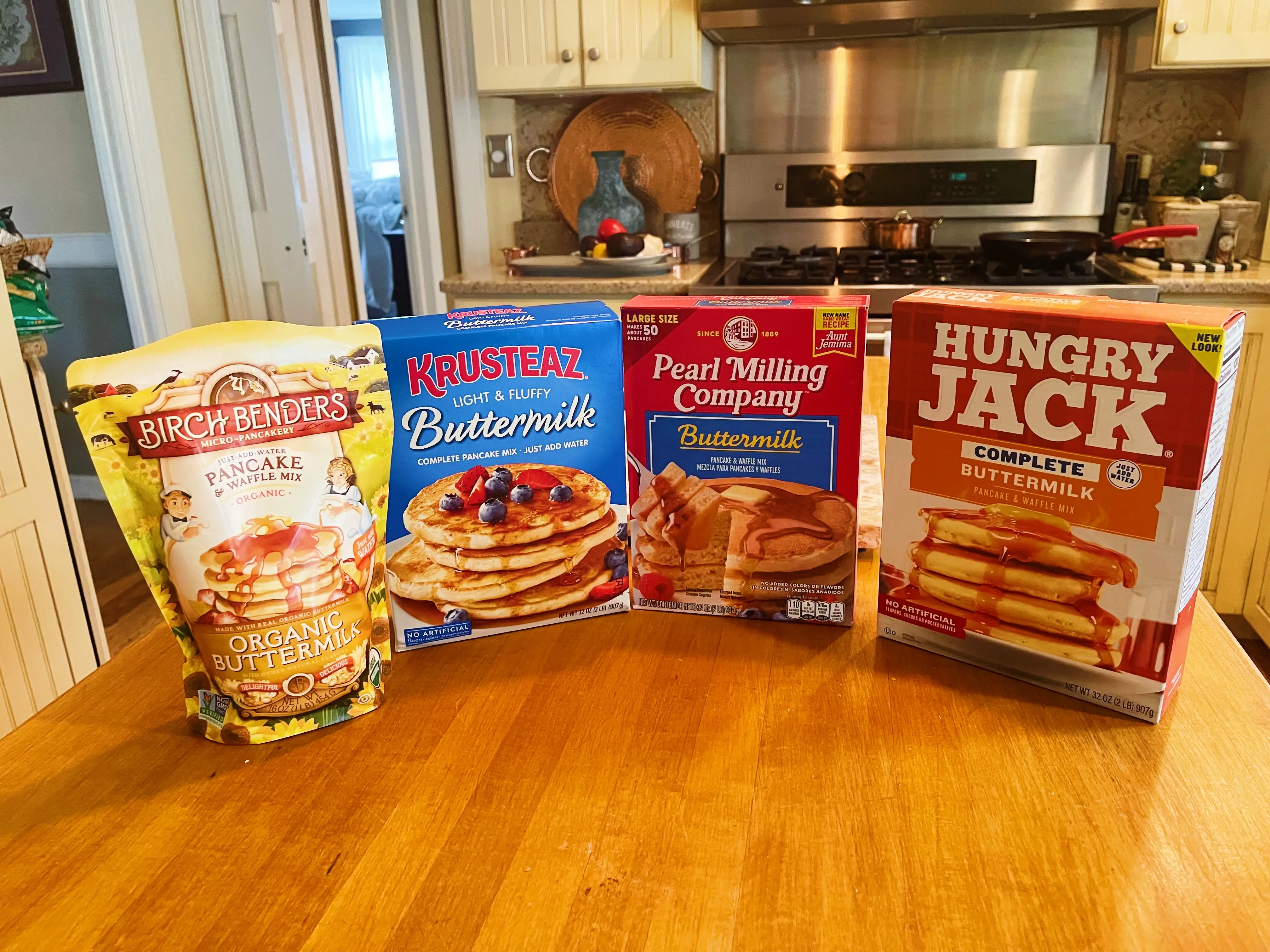 pancake mix boxes on a countertop