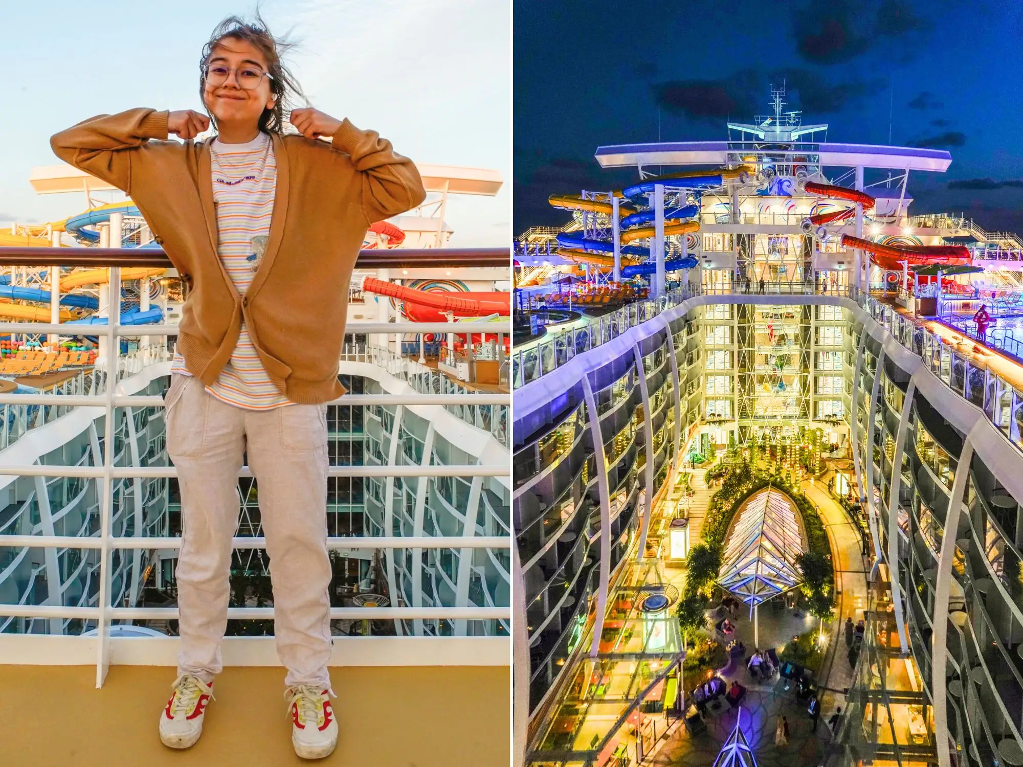 Left: The author on the top deck of a cruise ship with wind in her hair Right: The same cruise ship deck seen at night with colorful lights