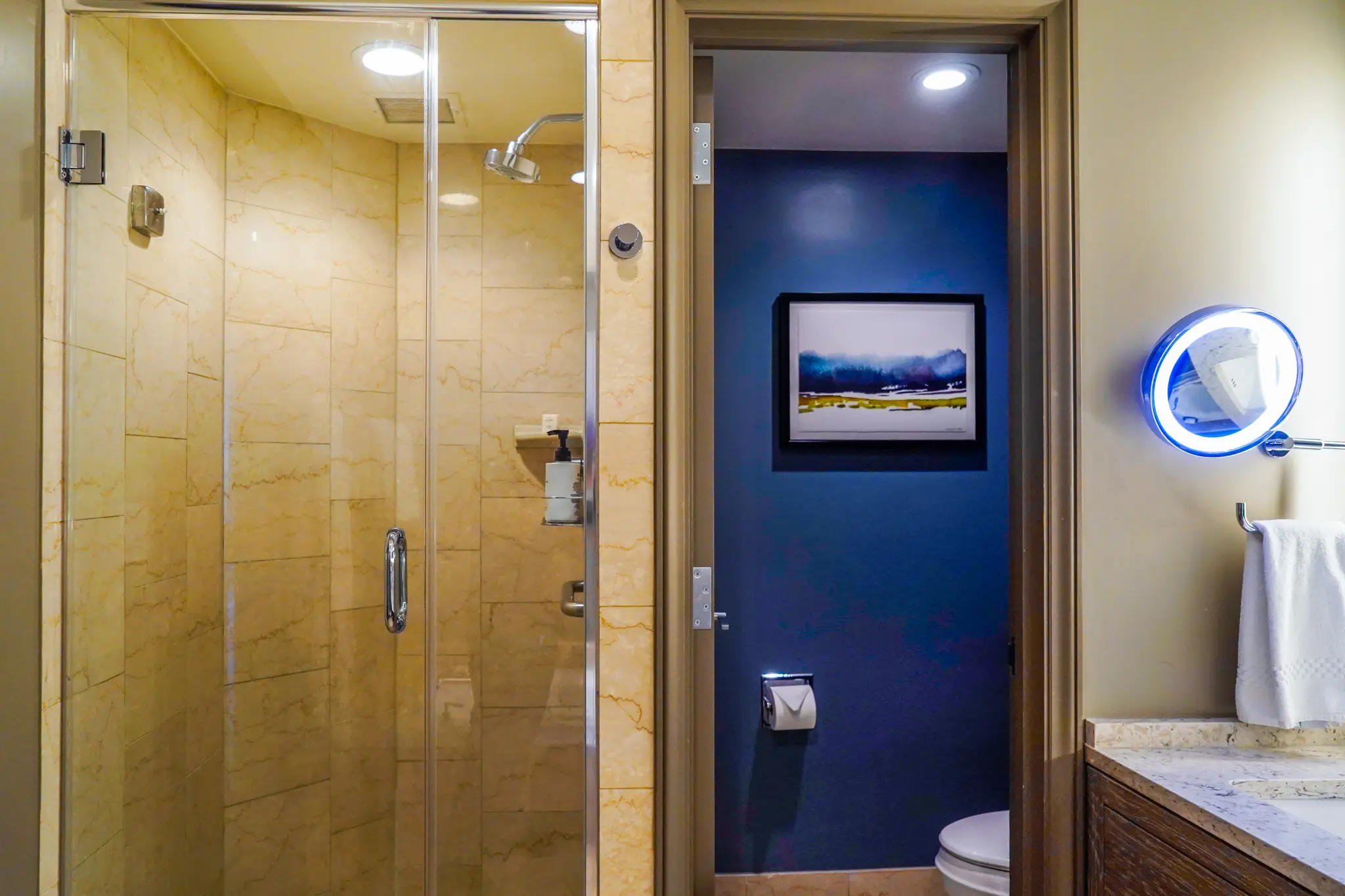 Inside a hotel bathroom with a walk-in marble shower on the left and a toilet in a separate room with a blue wall on the right