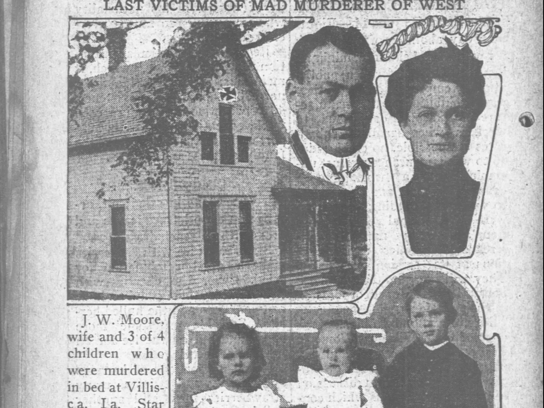 A newspaper clipping from June 14, 1912 reporting on the Moore murders.