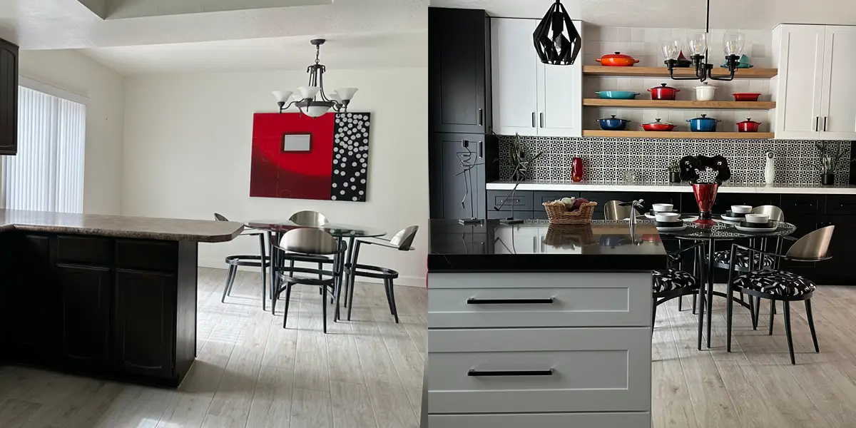 Beige and brown kitchen with dining area behind jutting-out counter next to image of black and white updated version of same kitchen