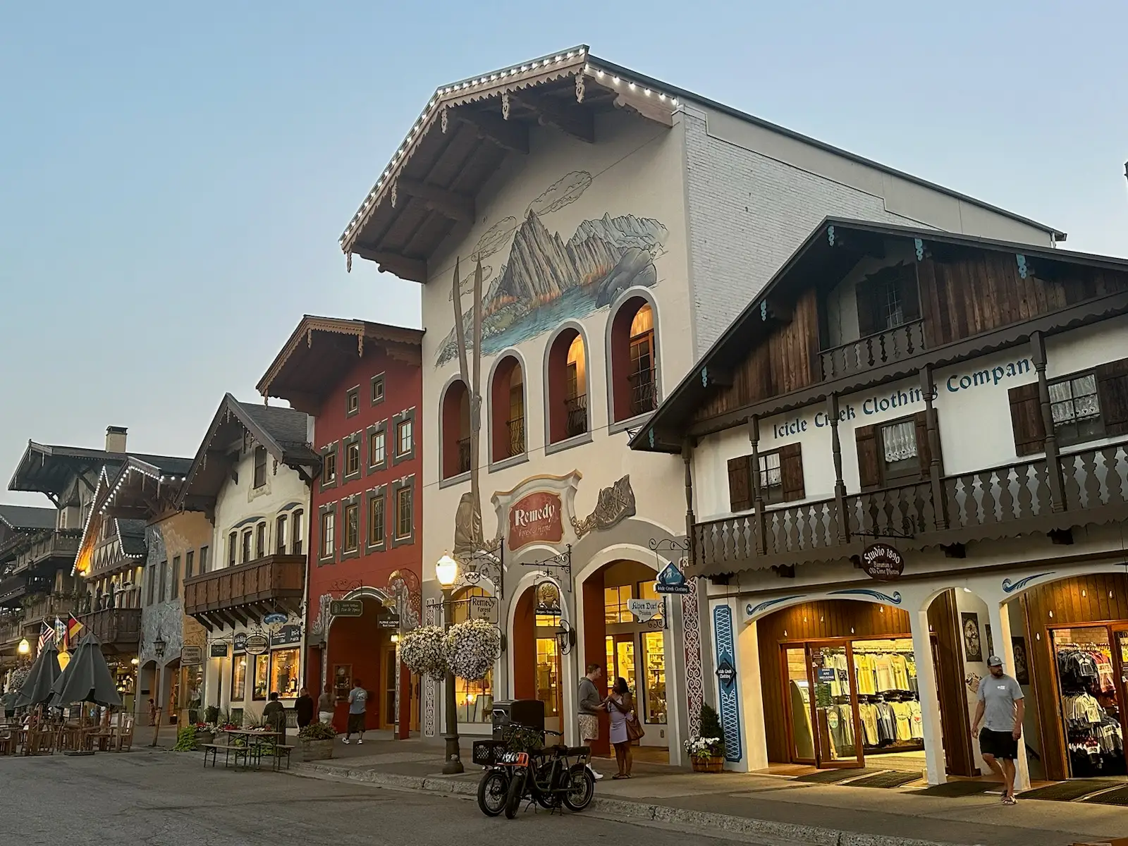 German-style buildings edged with lights in Leavenworth, Washington.