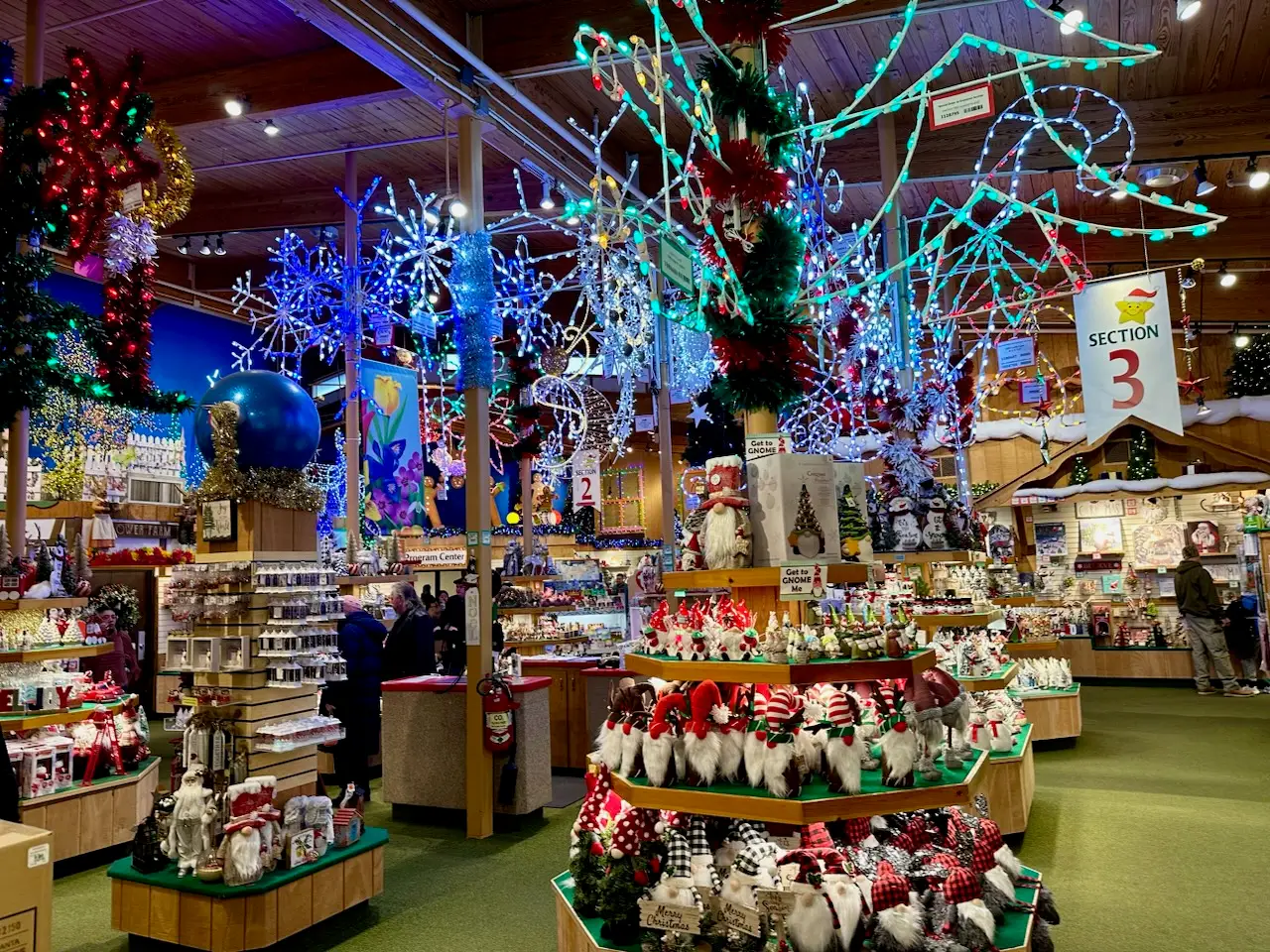Christmas shop with lights and gnome plushies in Frankenmuth, Michigan.