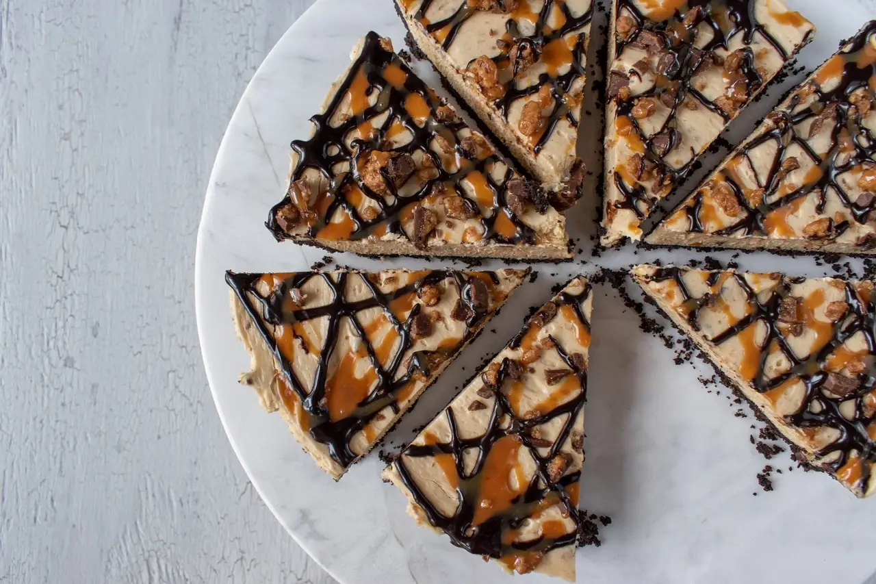 peanut butter pie with chocolate and caramel drizzle