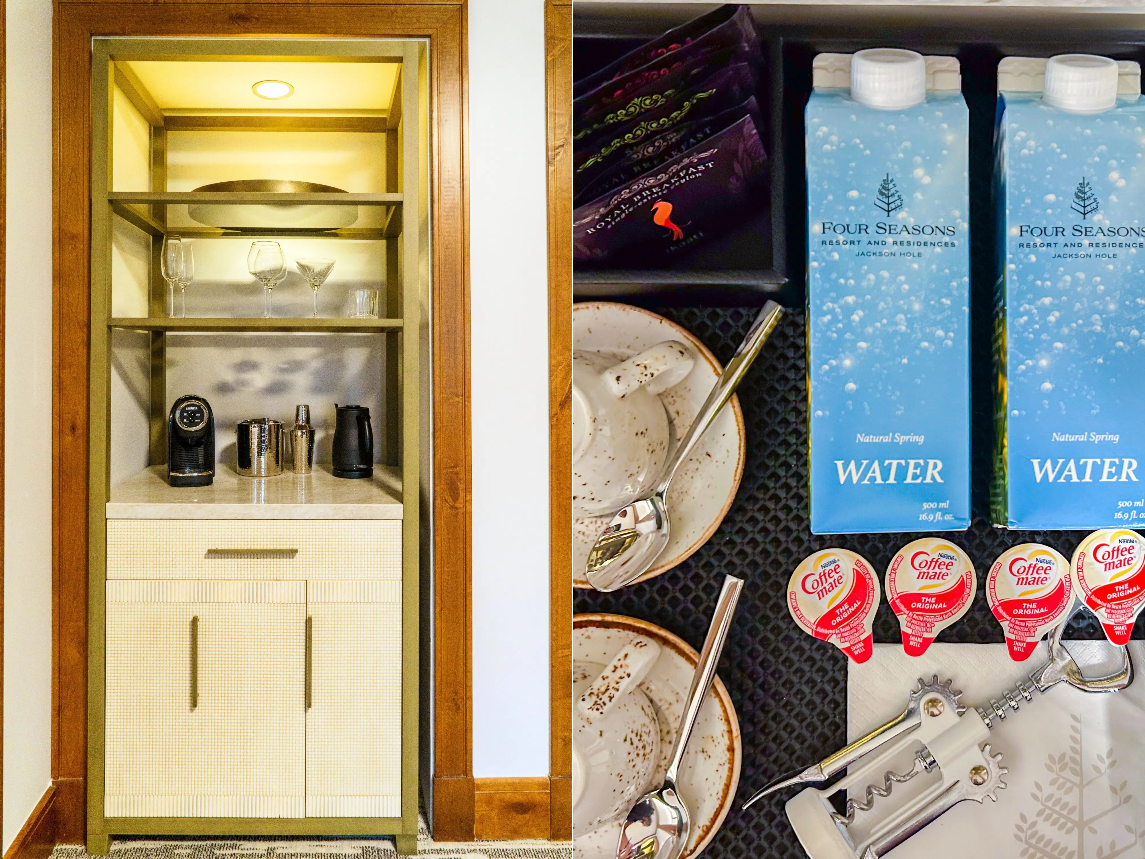 A composite image of a hotel room coffee bar on the left and a stock of water and coffee essentials on the right