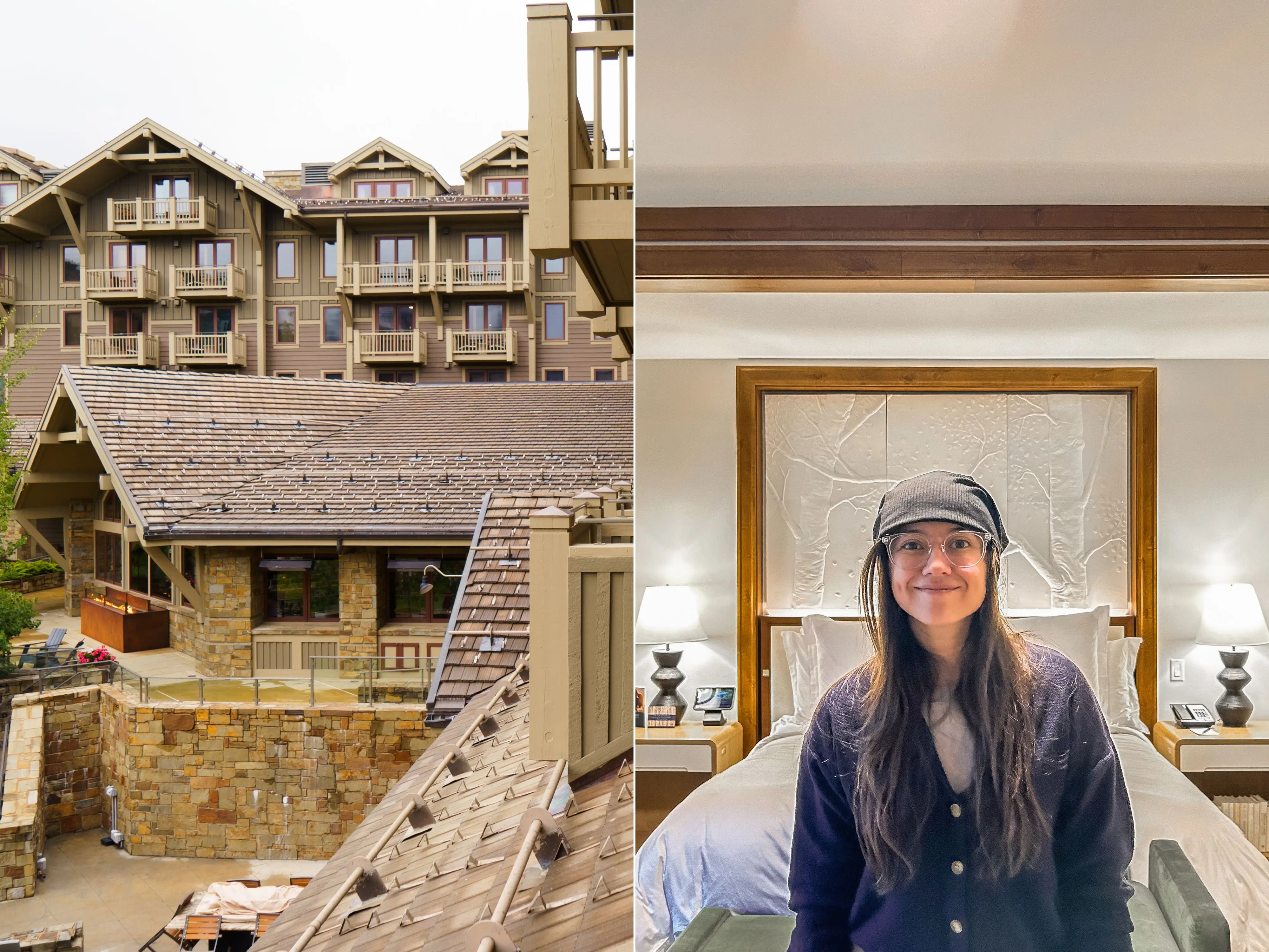 A composite image of the exterior of a brown cabin-like hotel and the author standing in front of a bed in a hotel room with white walls and wood trimmings
