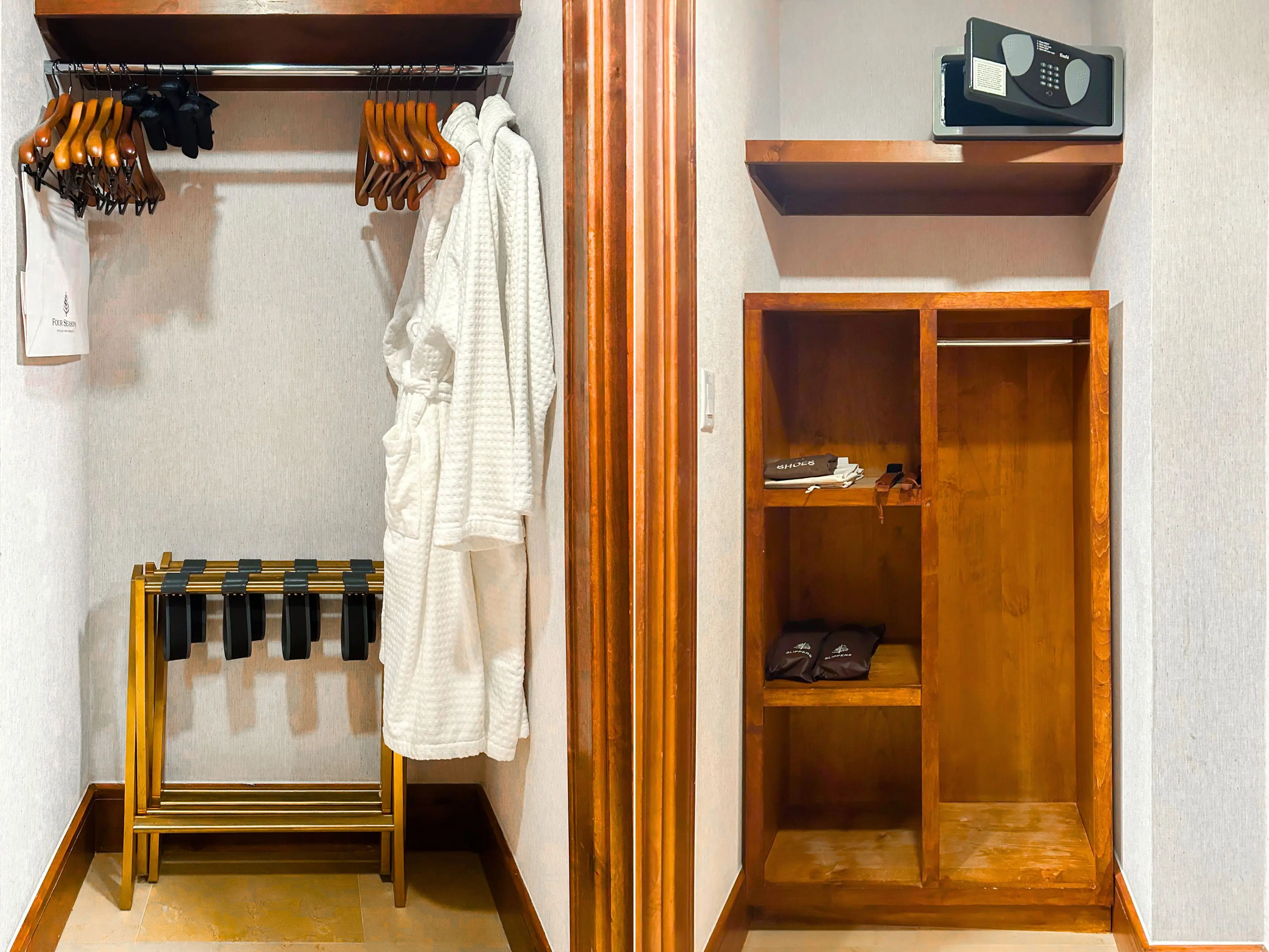 A composite image of a white closet with two robes hanging inside and a wooden built-in below a safe in the same closet