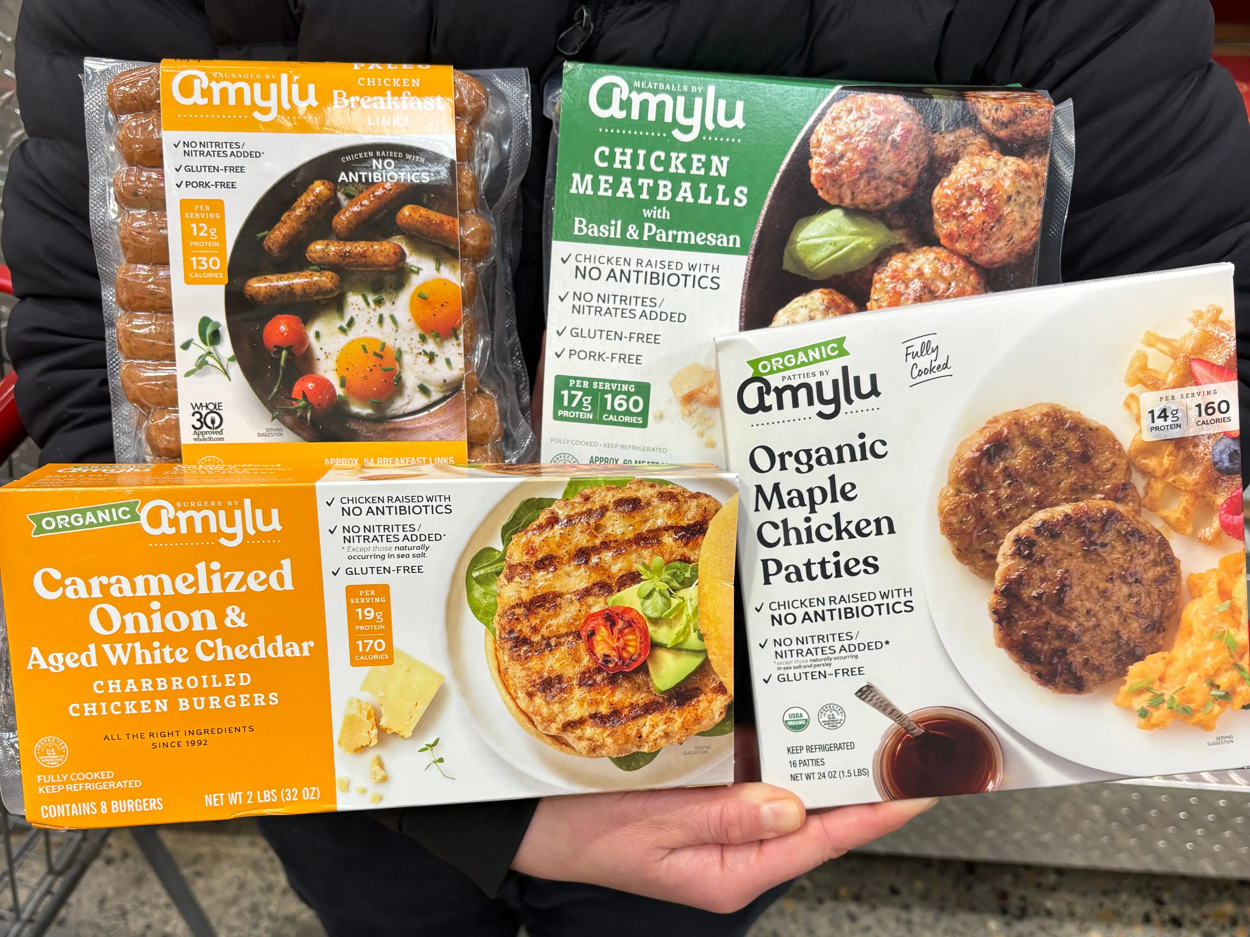 A person holding four Amylu products, including chicken burgers, chicken patties, chicken meatballs, and breakfast links.