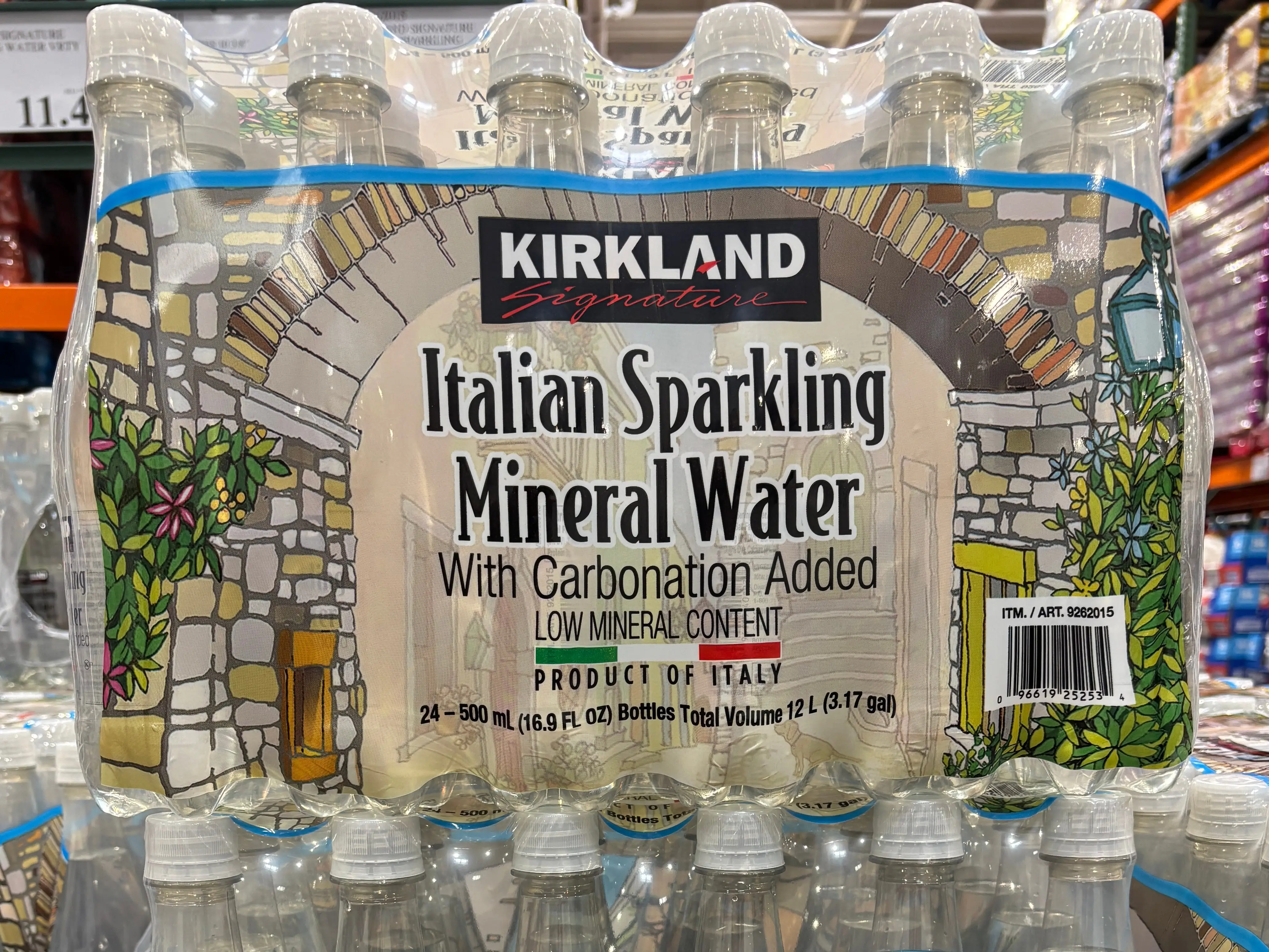 Packages of Kirkland Signature Italian sparkling mineral water.