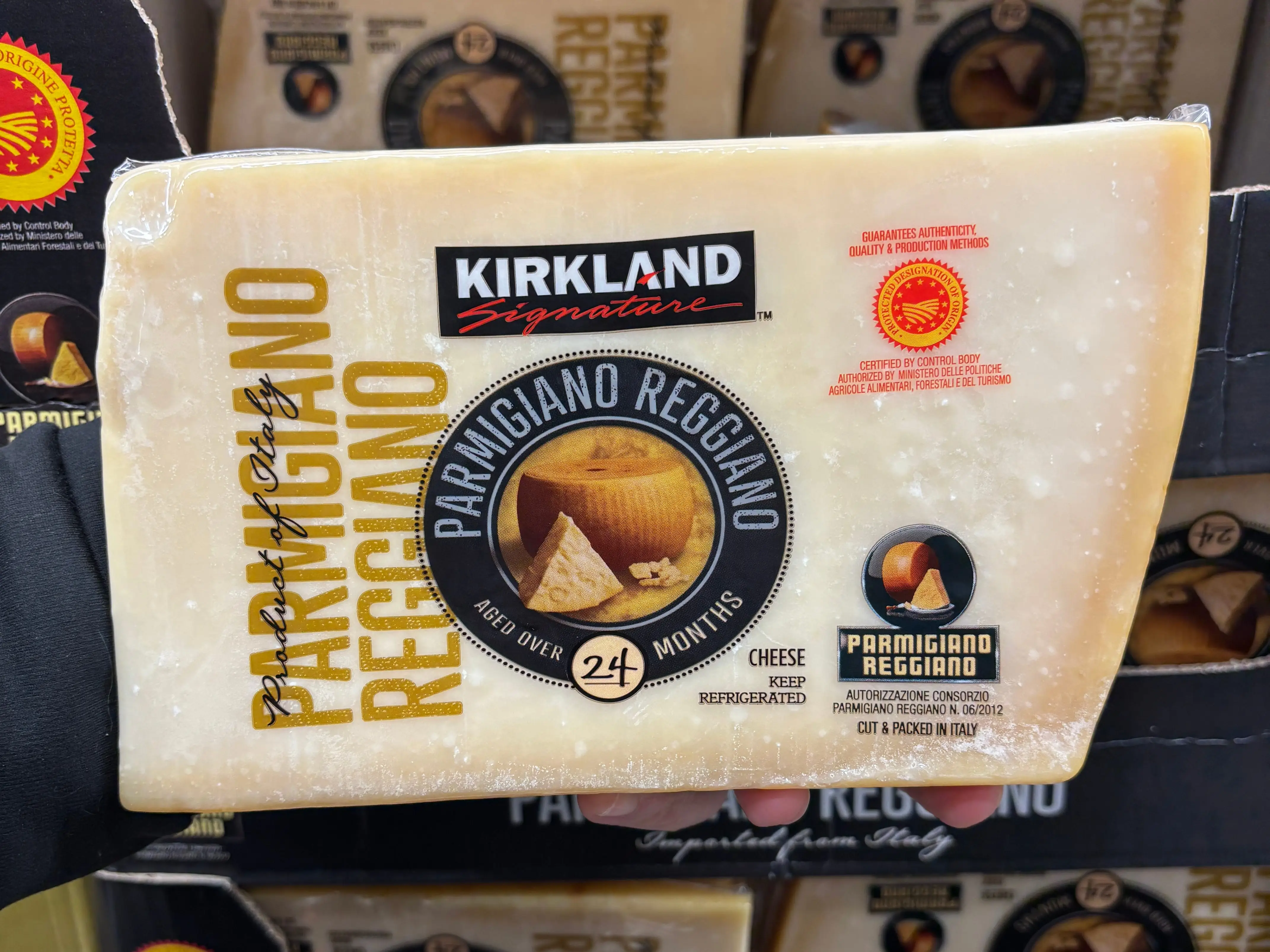 A package of Kirkland Signature Parmigiano-Reggiano.