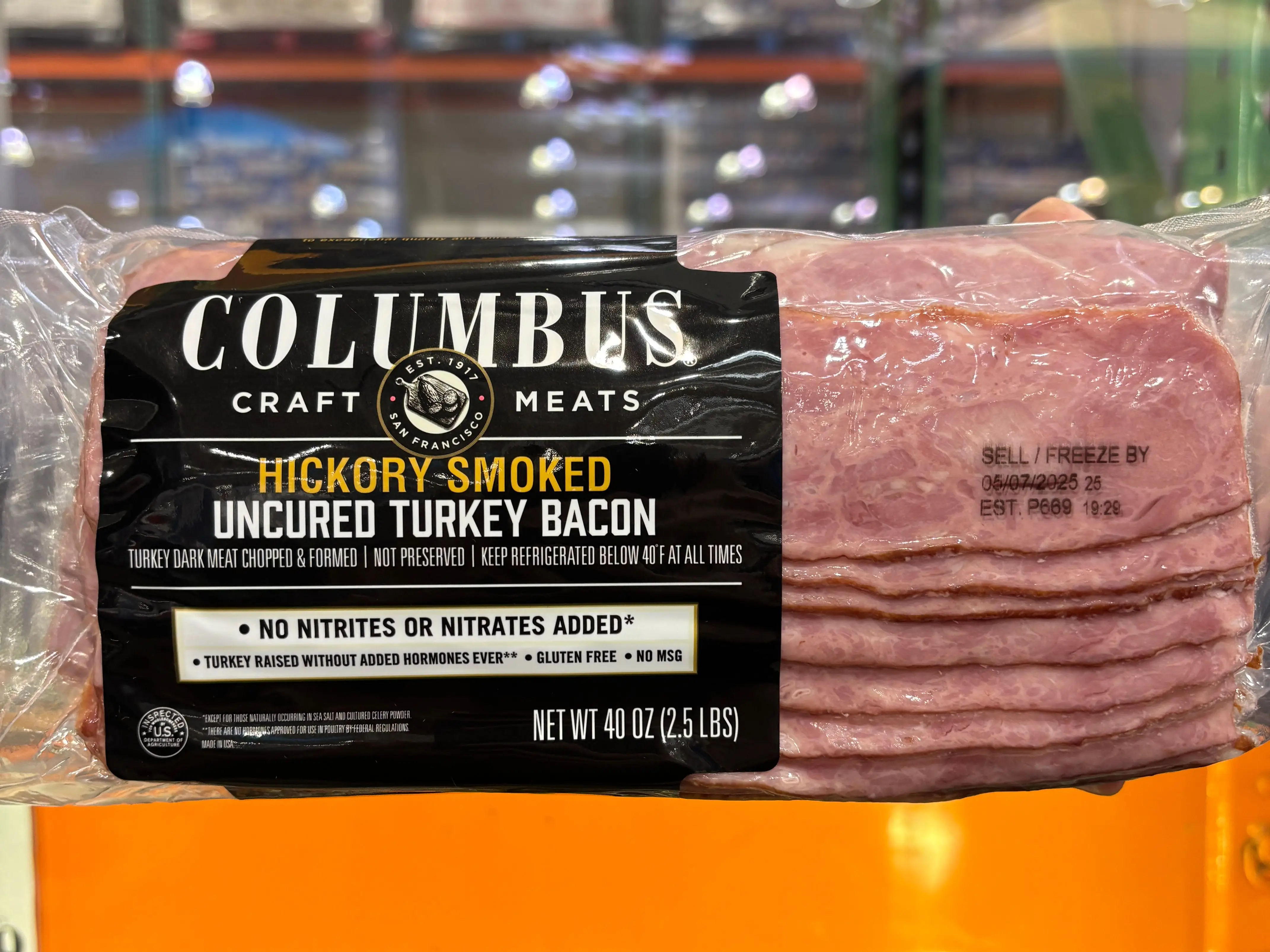 A package of Columbus hickory-smoked uncured turkey bacon.