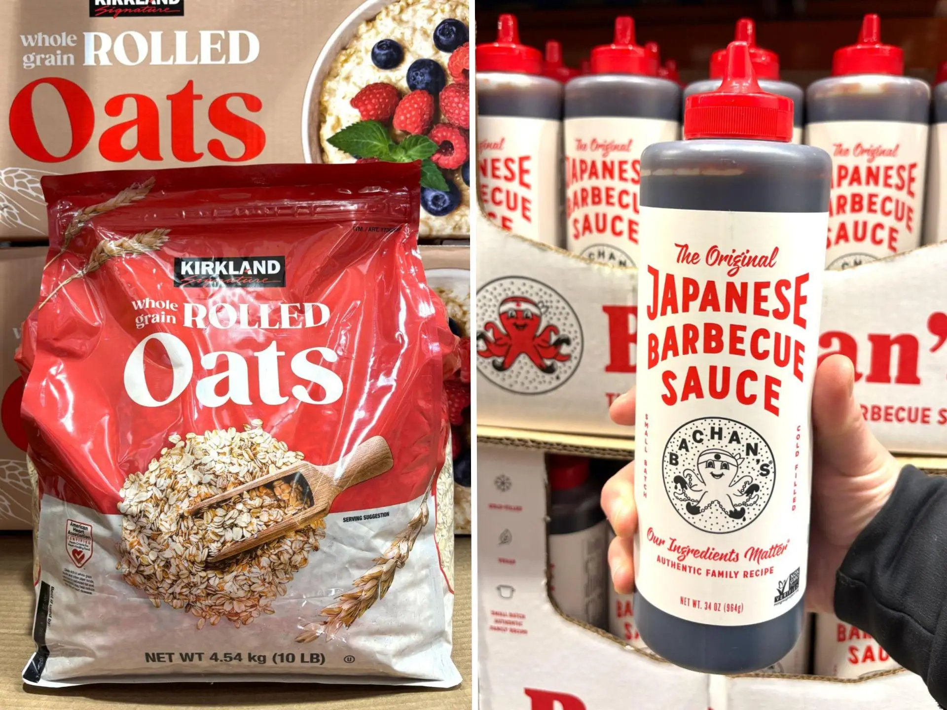 A composite image of a bag of Kirkland Signature whole-grain rolled oats and a hand holding a bottle of Bachan's Japanese barbecue sauce.