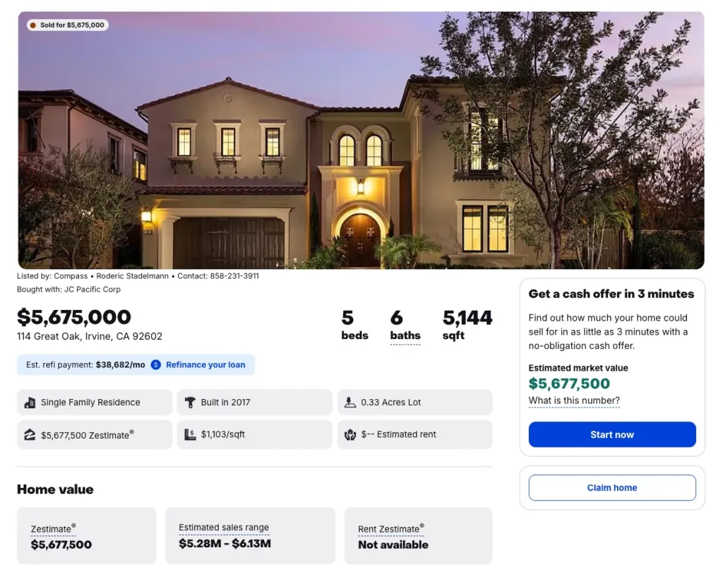 Real estate listing details for a home in Irvine, California, showing price, bedrooms, bathrooms, square footage, and home value estimates.