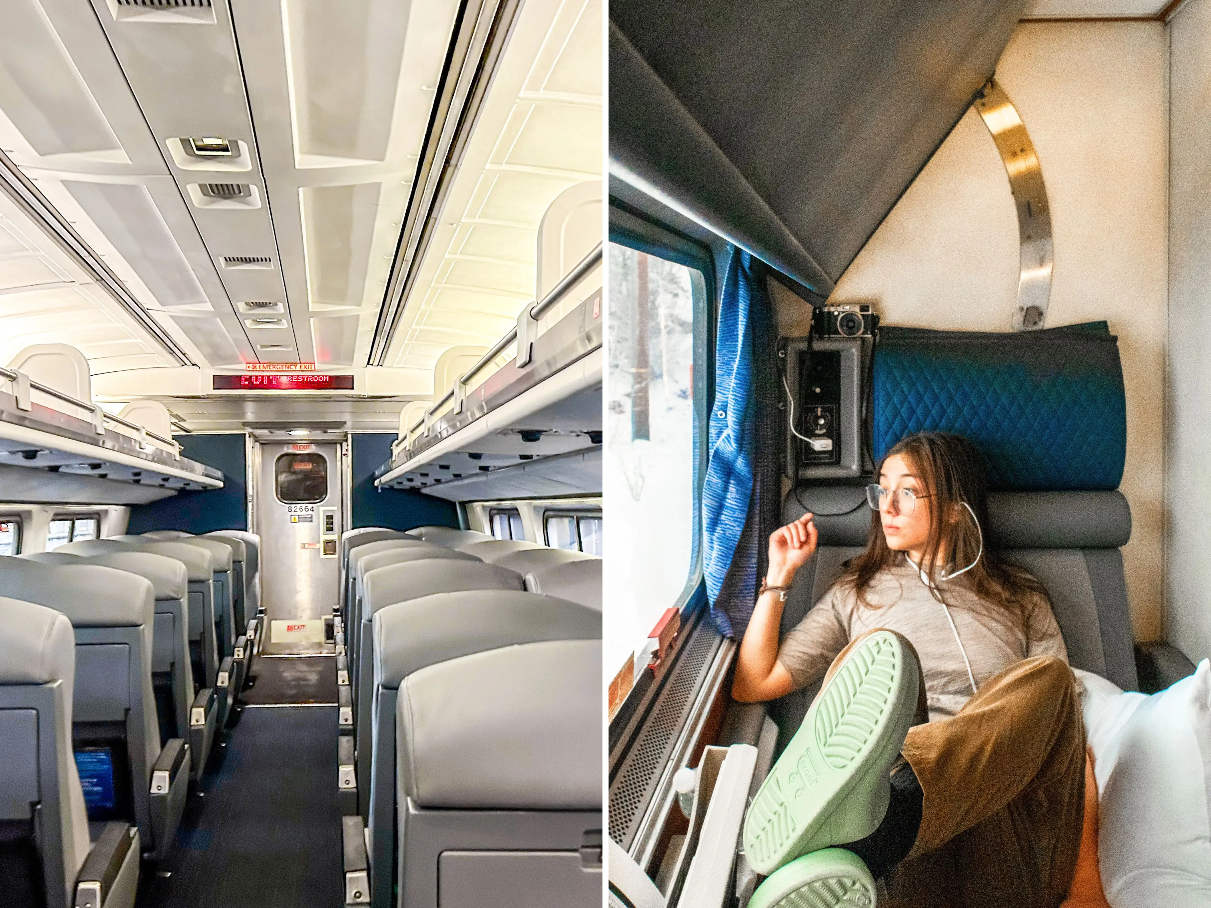 A composite image of empty seats and overhead bins on a coach class Amtrak car and the author lounging with her feet up in an Amtrak train roomette with a window on her right.