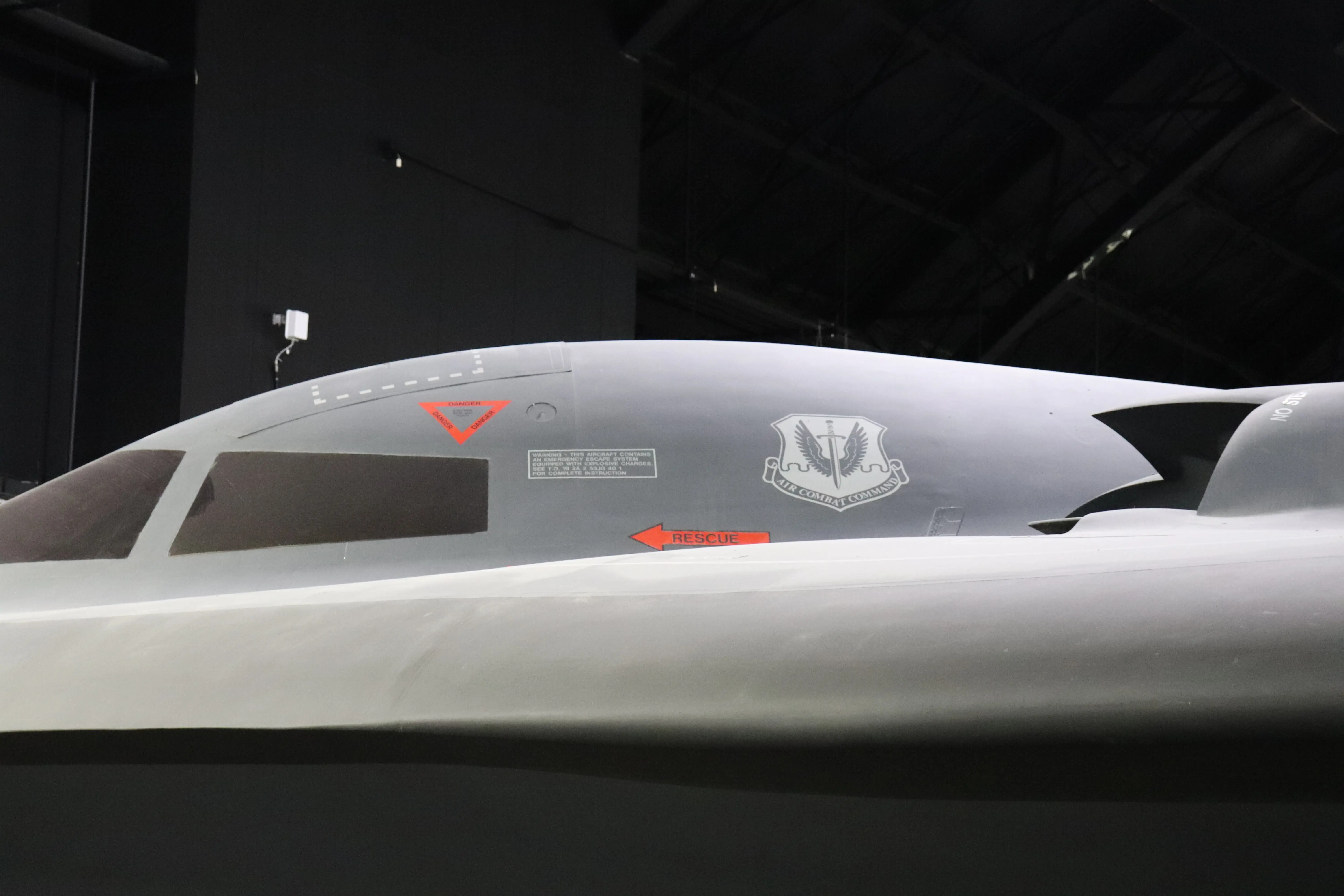 The seal of the Air Combat Command on the cockpit of the B-2 at the National Museum of the US Air Force.
