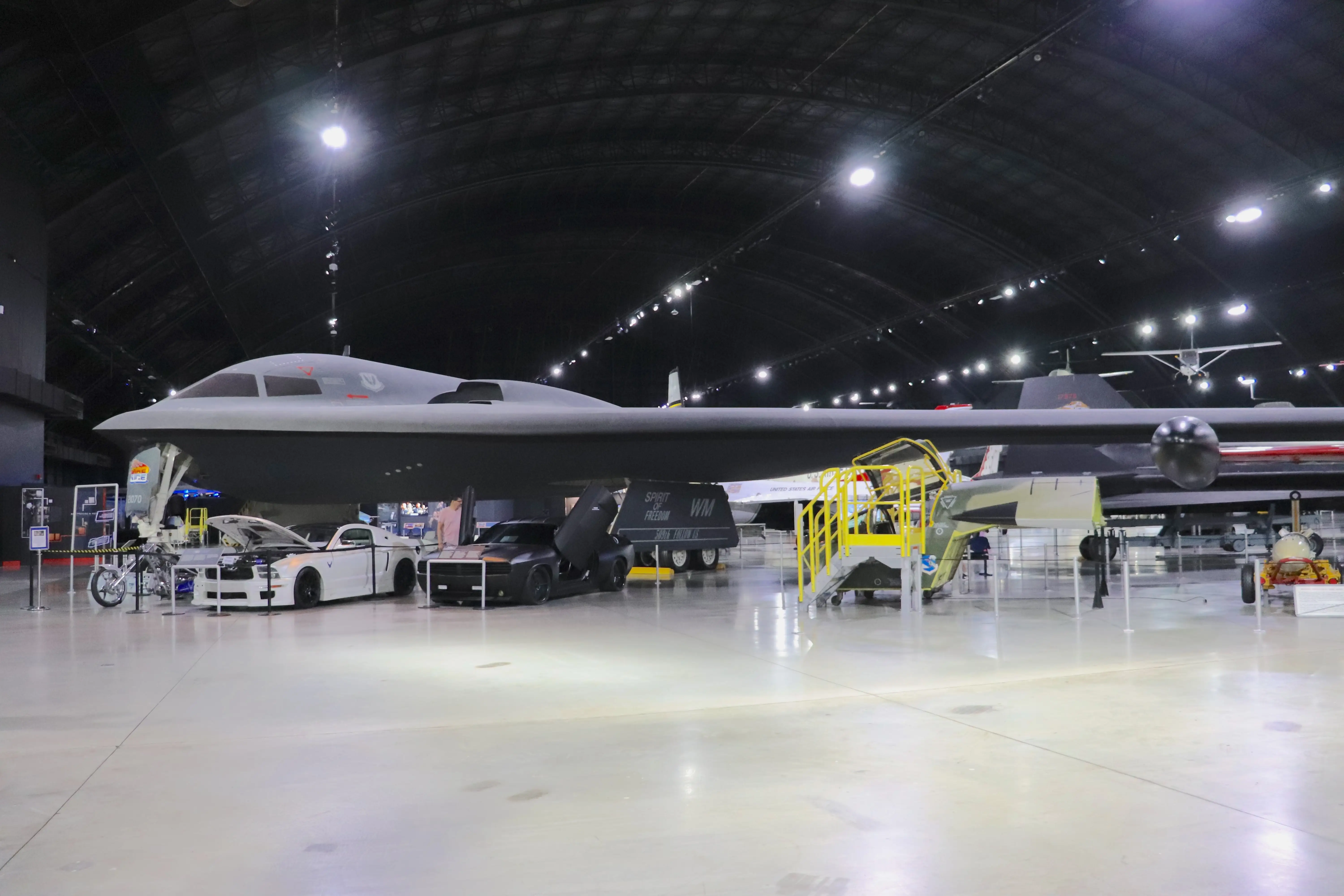 A B-2 bomber on display in a museum.