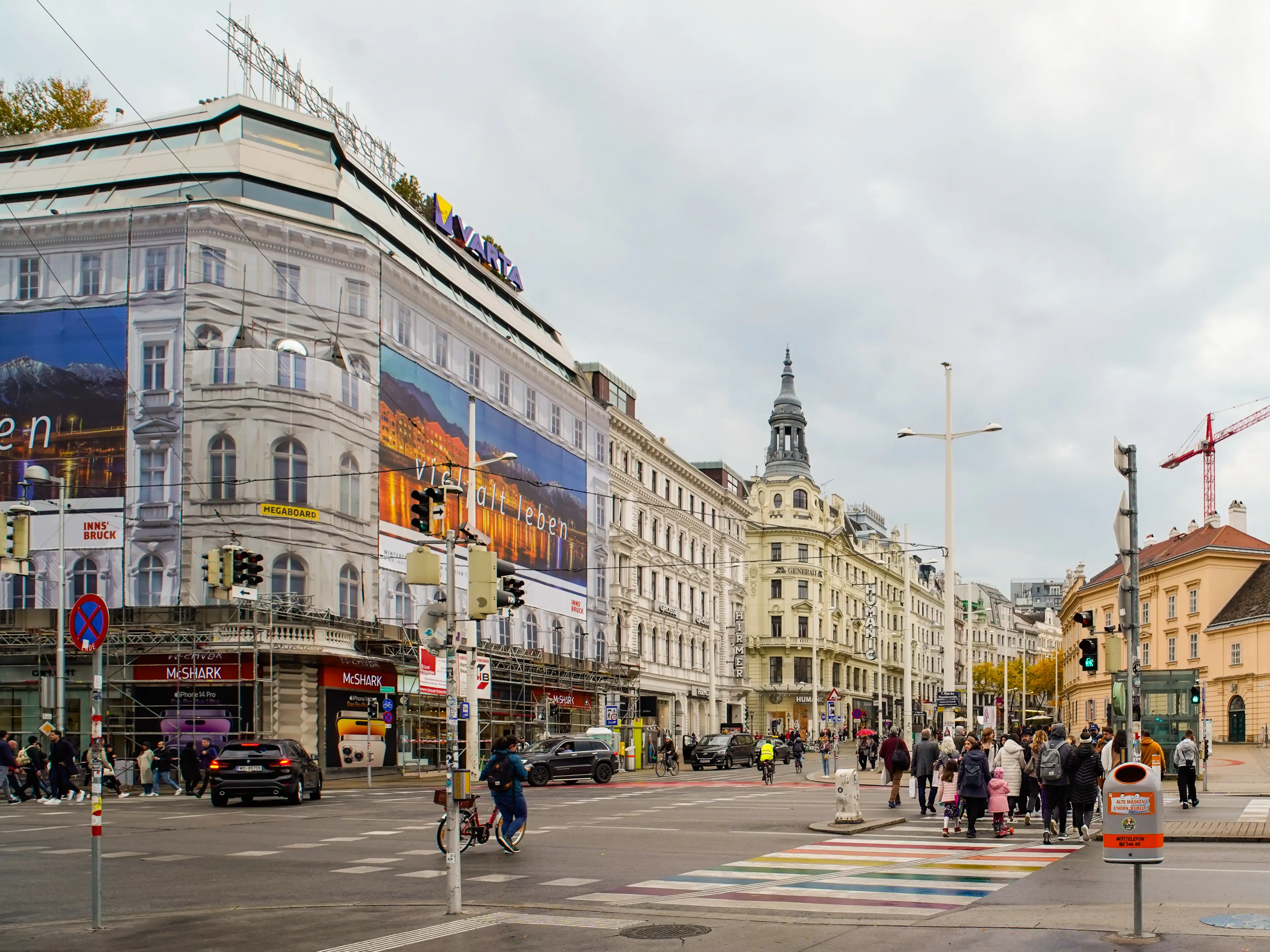 A busy street in Vienna on a cloudy day
