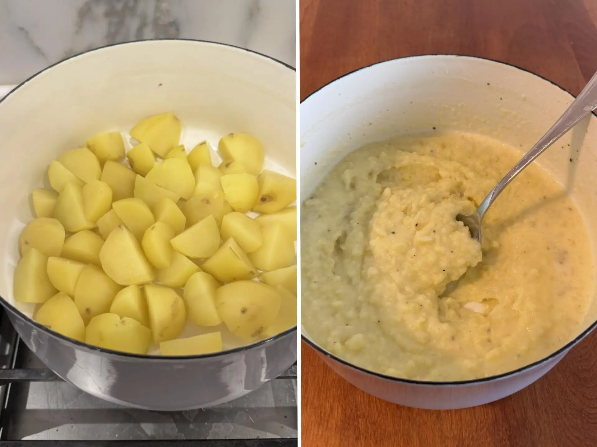 Ina Garten's mashed potatoes, before and after cooking.
