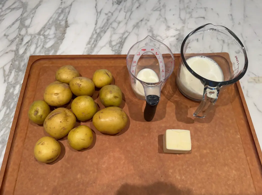 The ingredients needed to make Ina Garten's buttermilk mashed potatoes.