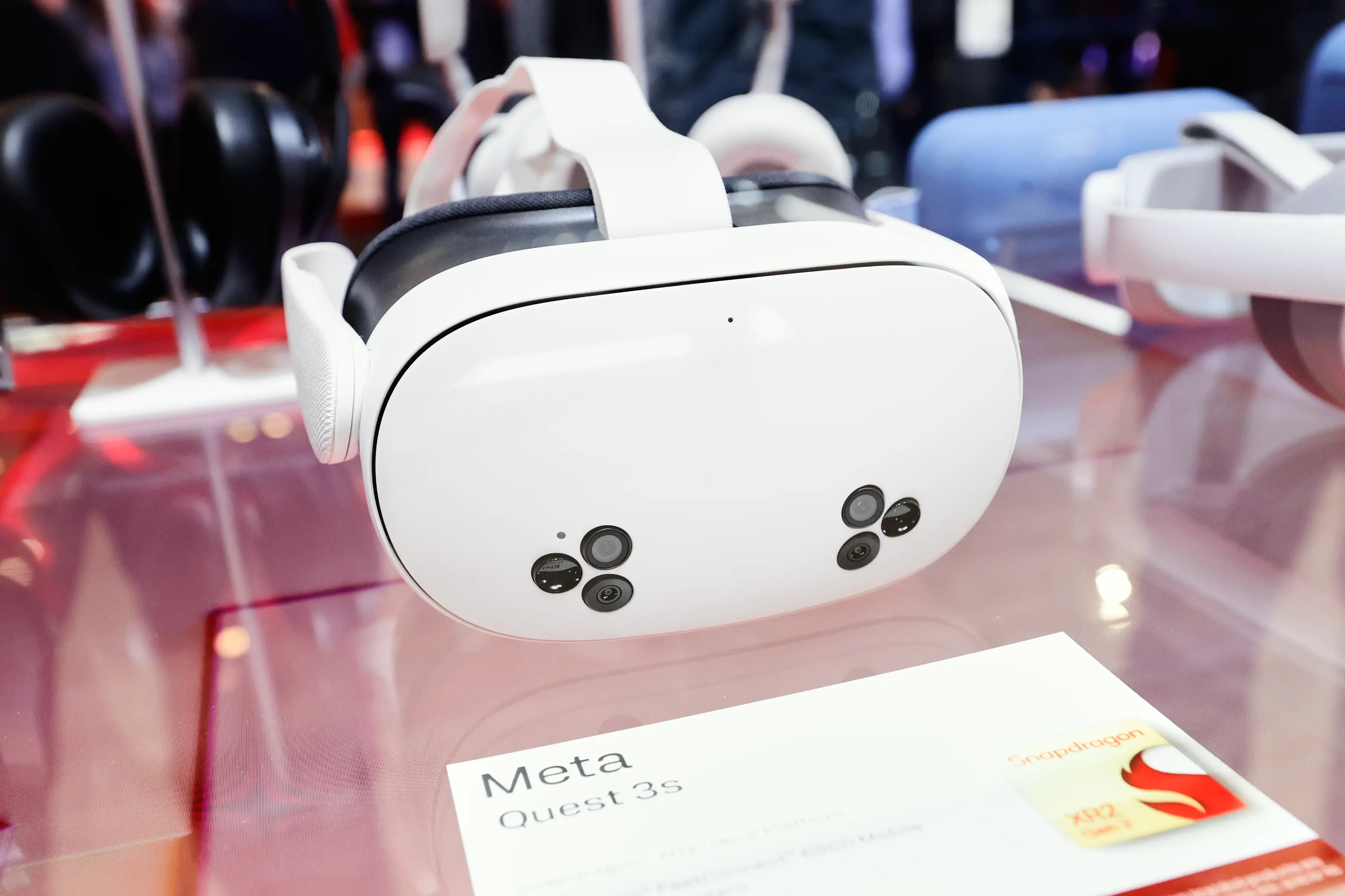 The Meta Quest 3s, the standalone virtual reality headset developed by Reality Labs, a subdivision of the American company Meta Platforms, is exhibited at the Qualcomm pavilion during the Mobile World Congress 2025 in Barcelona, Spain, on March 5, 2025. (Photo by Joan Cros/NurPhoto via Getty Images)