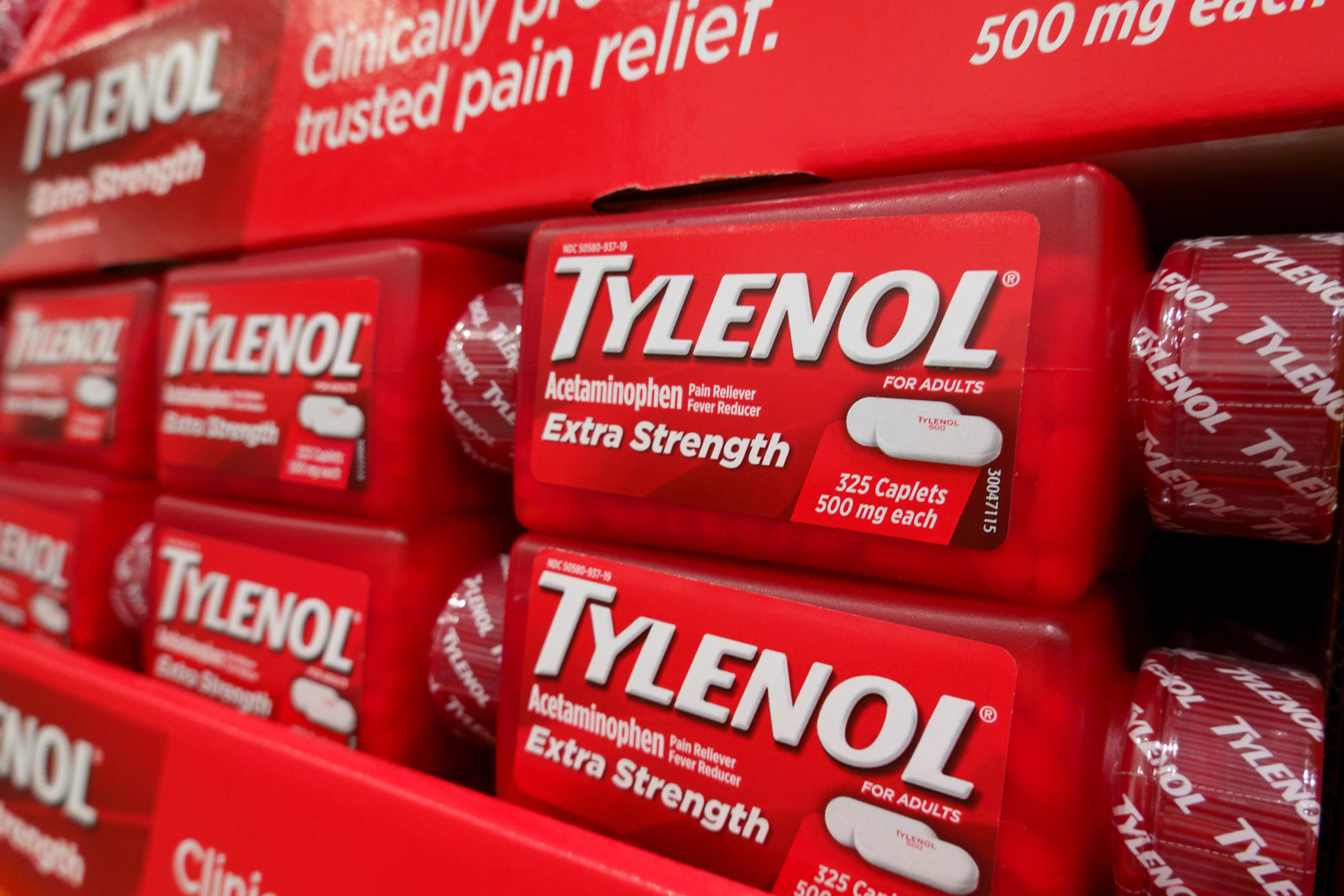 Tylenol acetaminophen caplets are displayed for sale at a Costco Wholesale store on November 13, 2025 in Simi Valley, California.