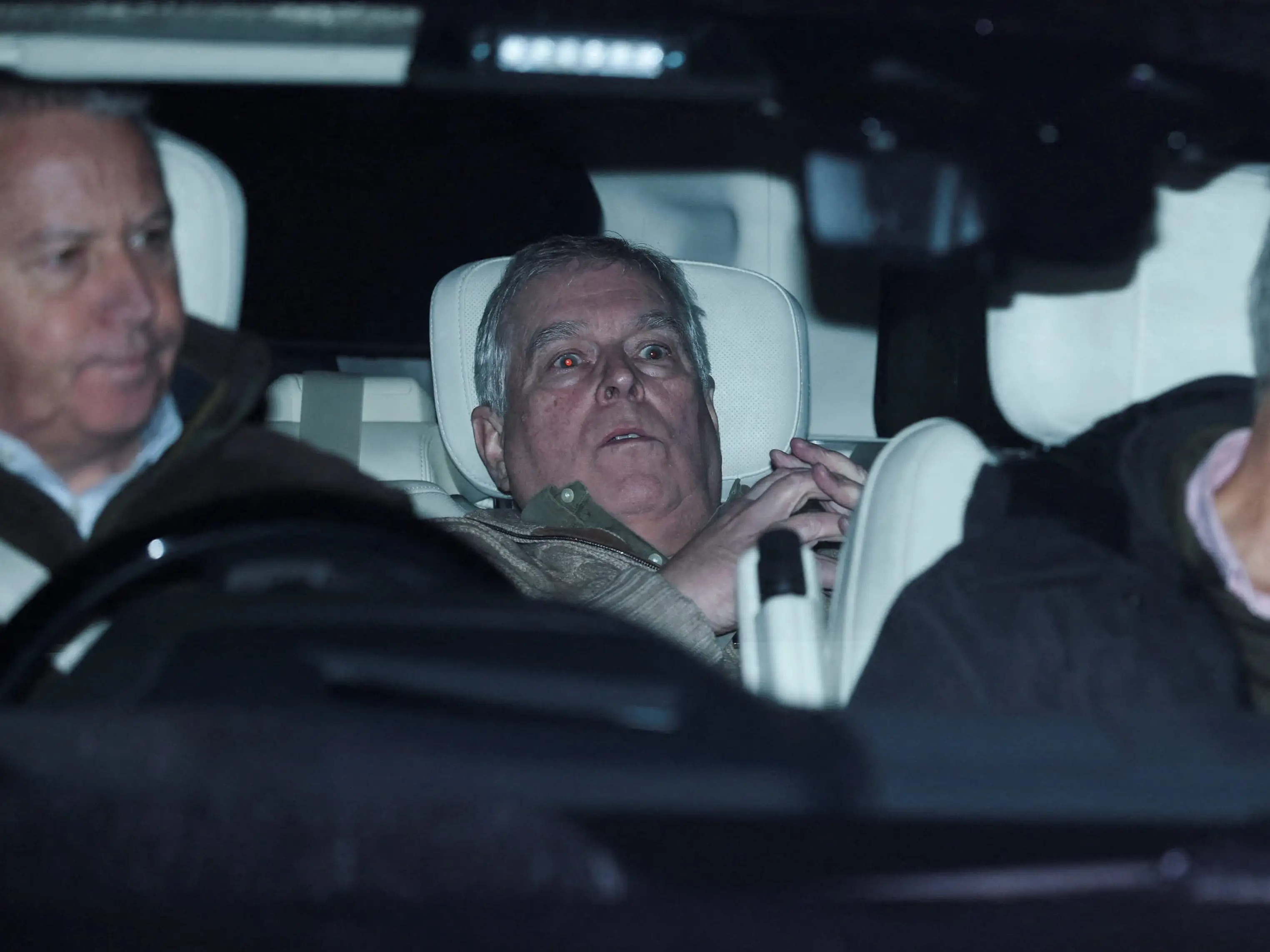 Andrew Mountbatten Windsor leaves Aylsham Police Station the same day he was arrested on suspicion of misconduct in public office in February 2026.