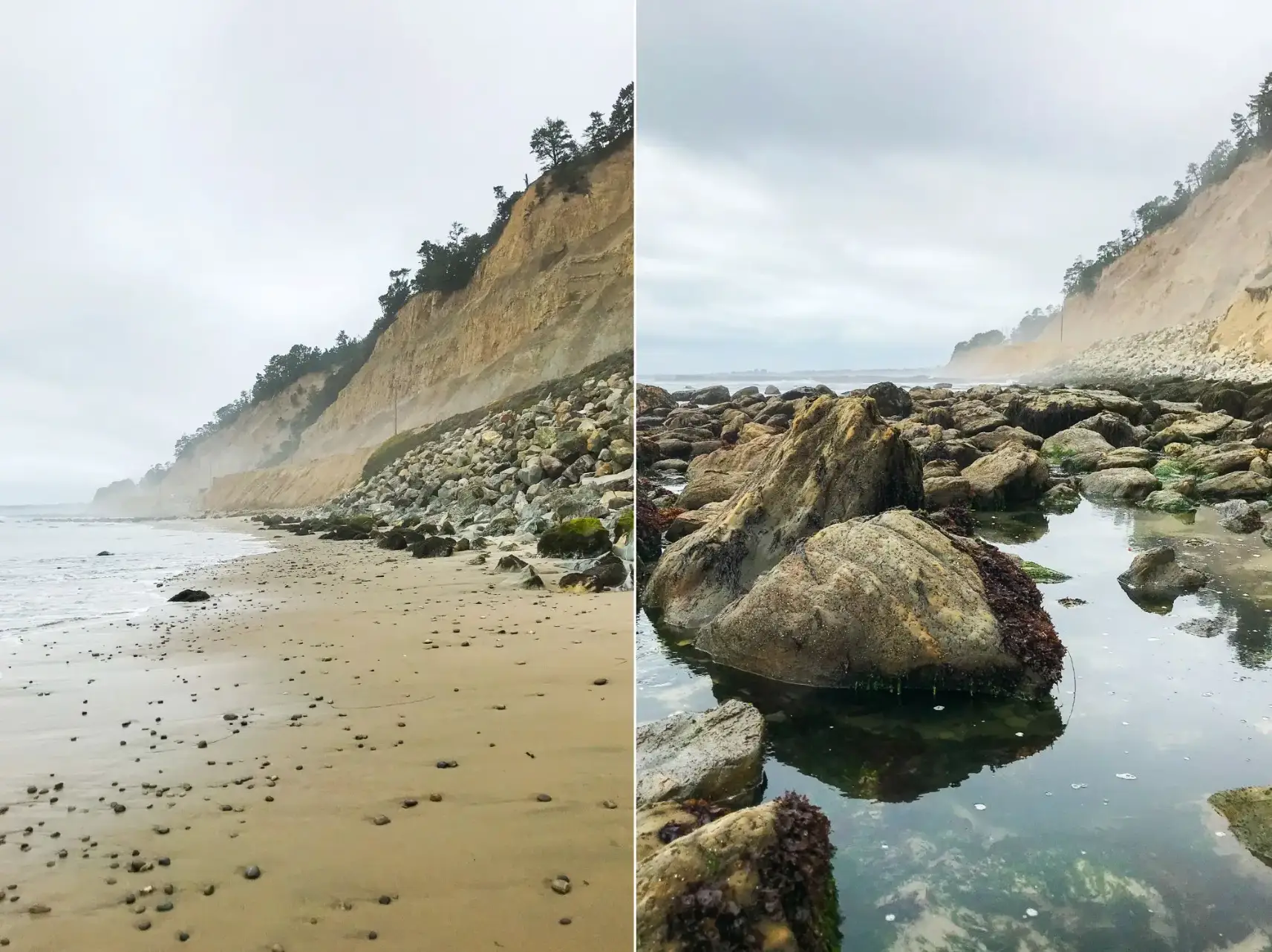A composite image of cliffs by the beach on a cloudy day