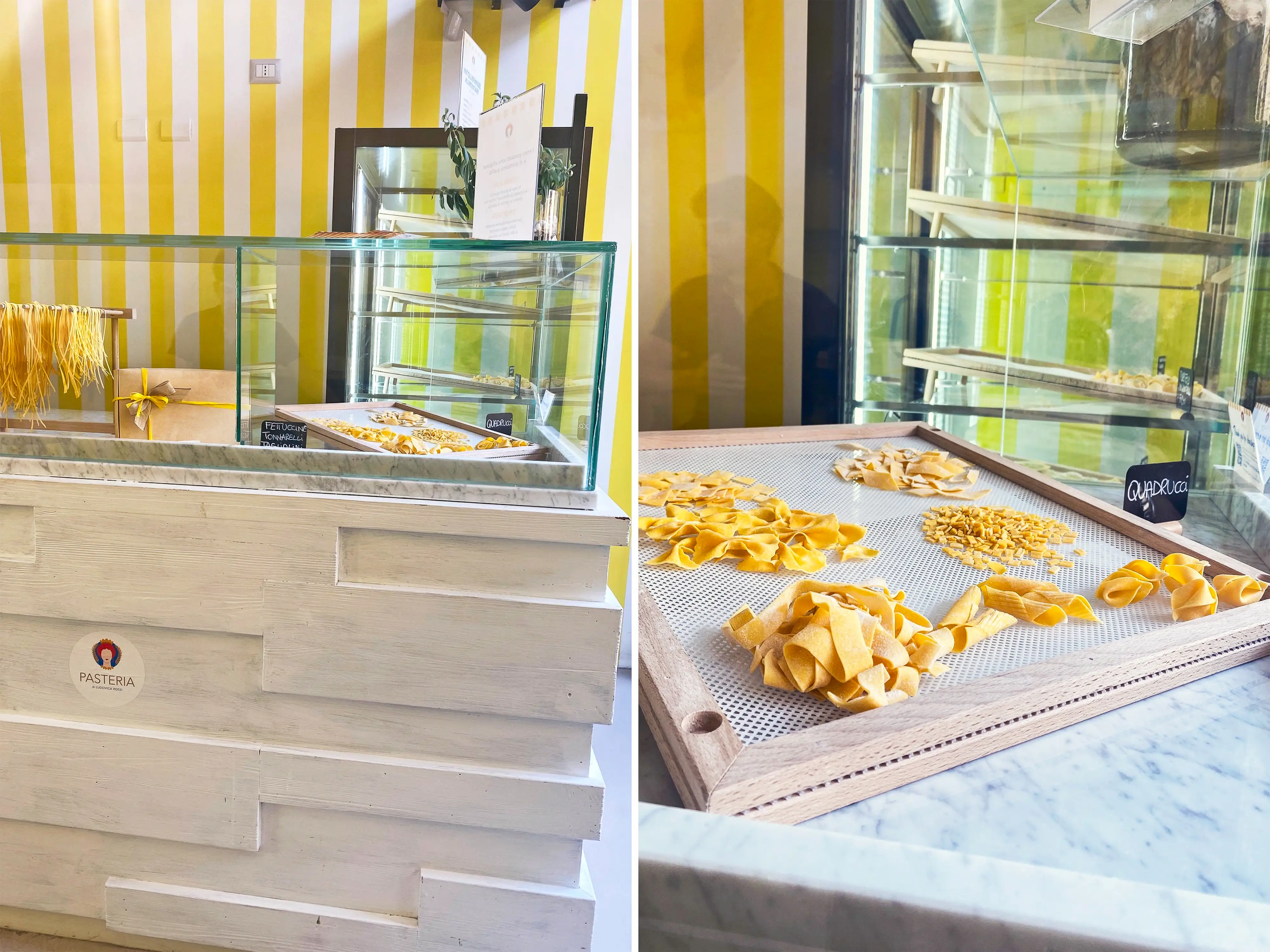 A composite image of fresh pasta at a shop seen from far away and close up