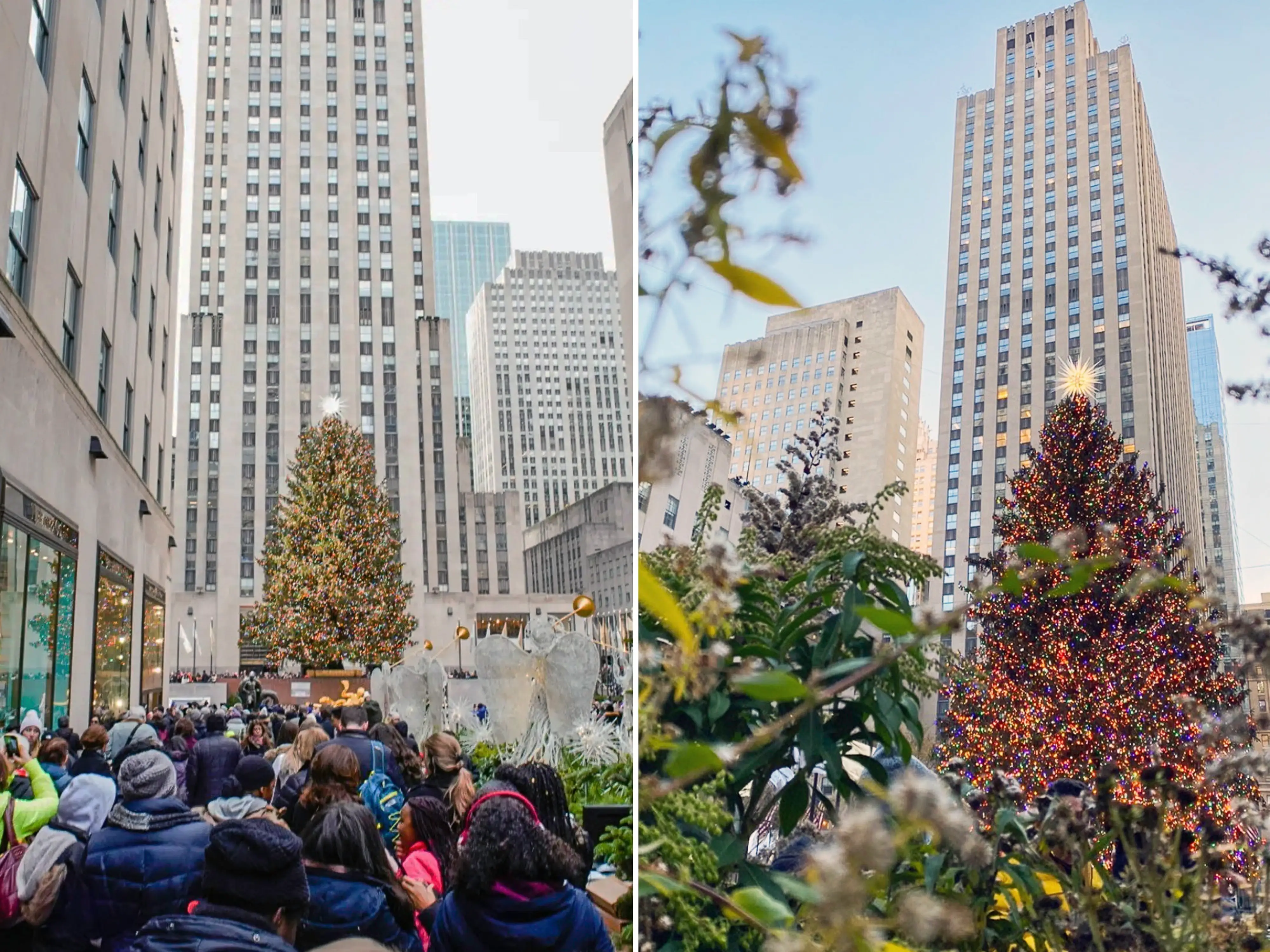 A composite image of the Christmas tree at Rockefeller Center in NYC seen from two different angles