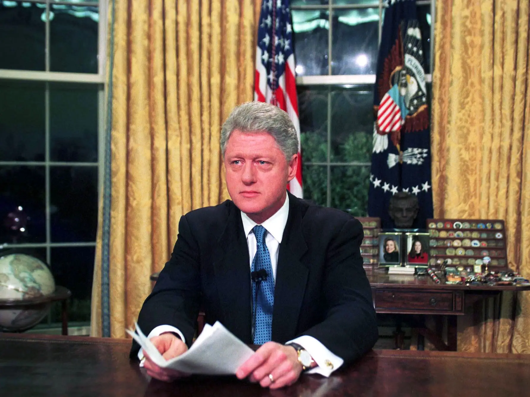 President Clinton In The Oval Office After His Television Address To The Nation On Nato Bombing Of Serb Forces In Kosovo, March 24, 1999 In Washington Dc.