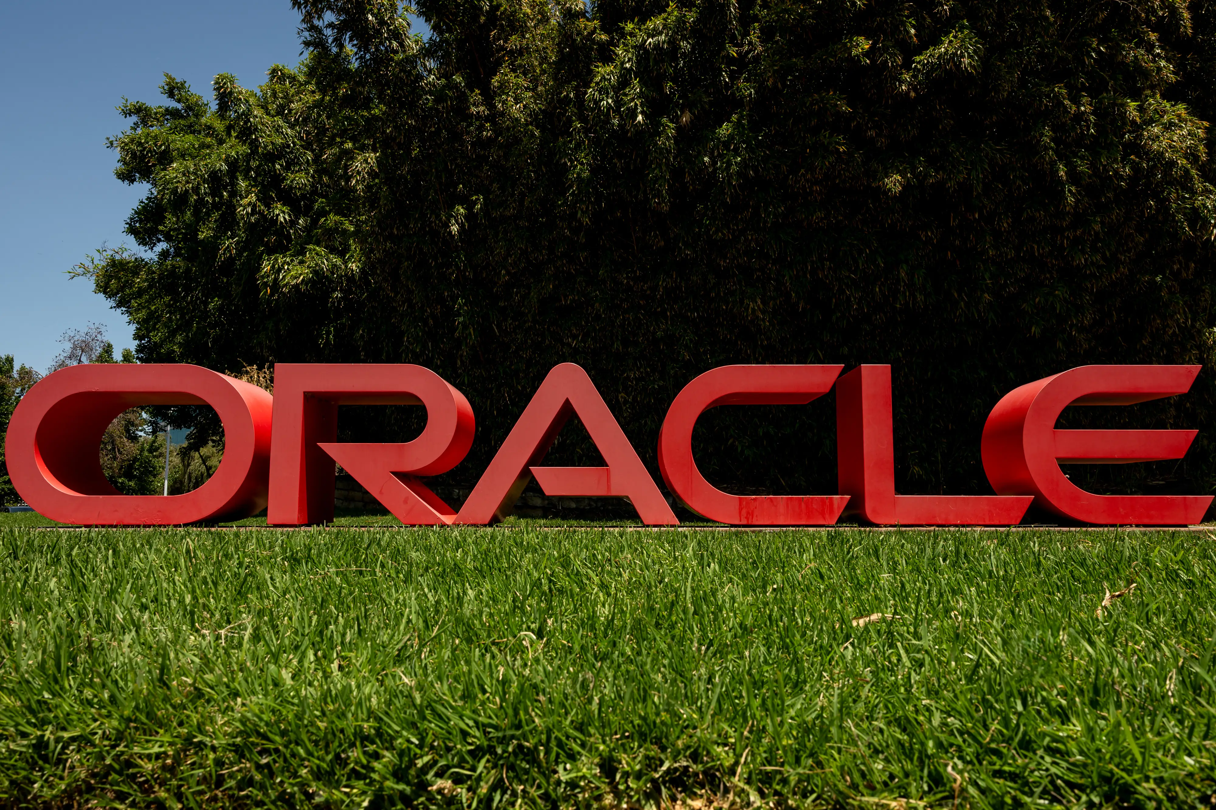 Oracle signage near the company's offices in Redwood City, California, US.