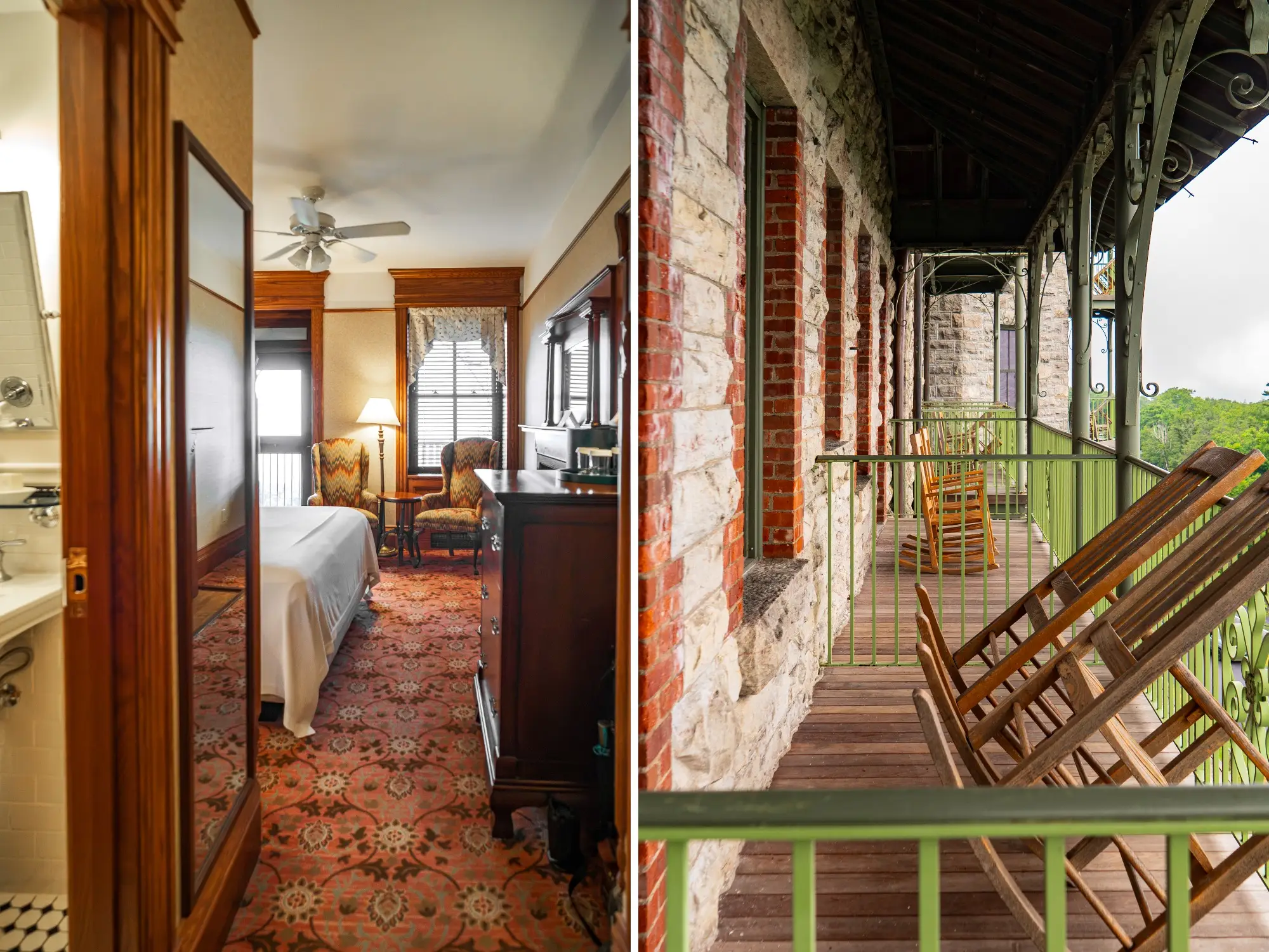 Split view of a furnished Victorian hotel room and a covered balcony with wooden rocking chairs beside a stone wall on the balcony