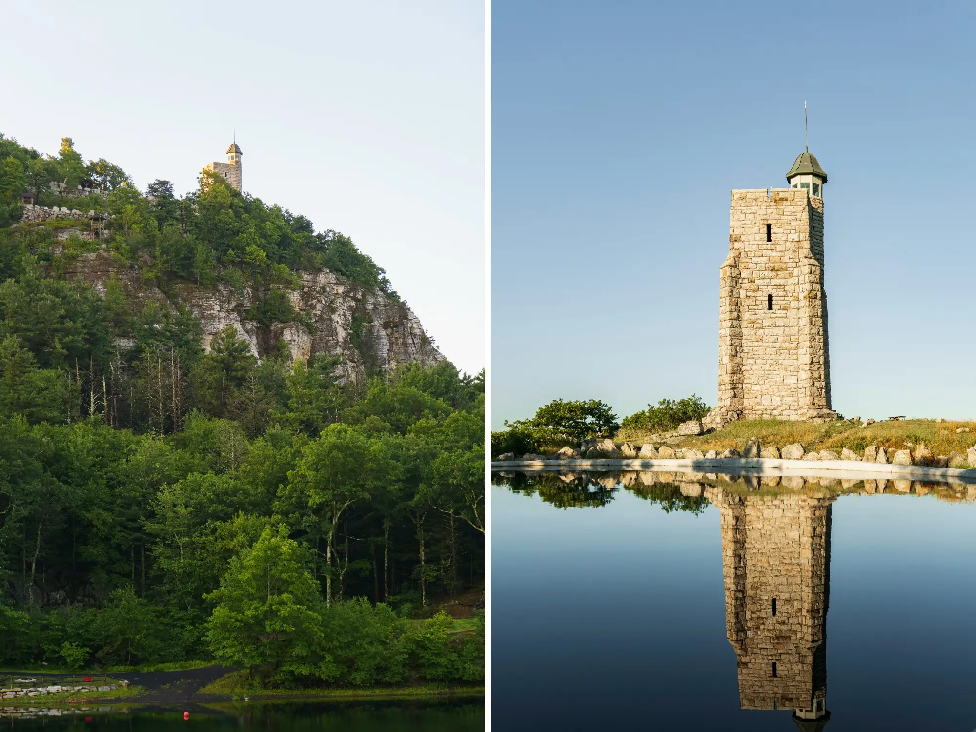 Skytop Tower rises above forested cliffs and reflects in still water under a clear blue sky.